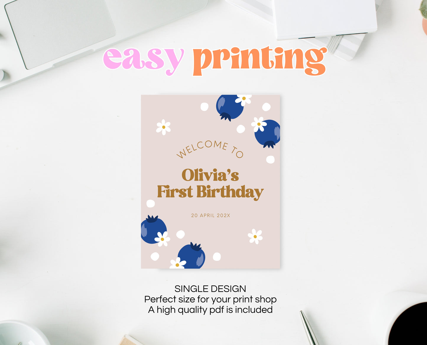 Editable Blueberry Birthday Welcome Sign, Retro Blueberry Birthday Girl Decor, Printable Boho Blueberry Birthday Welcome Banner, Gold, GBP03