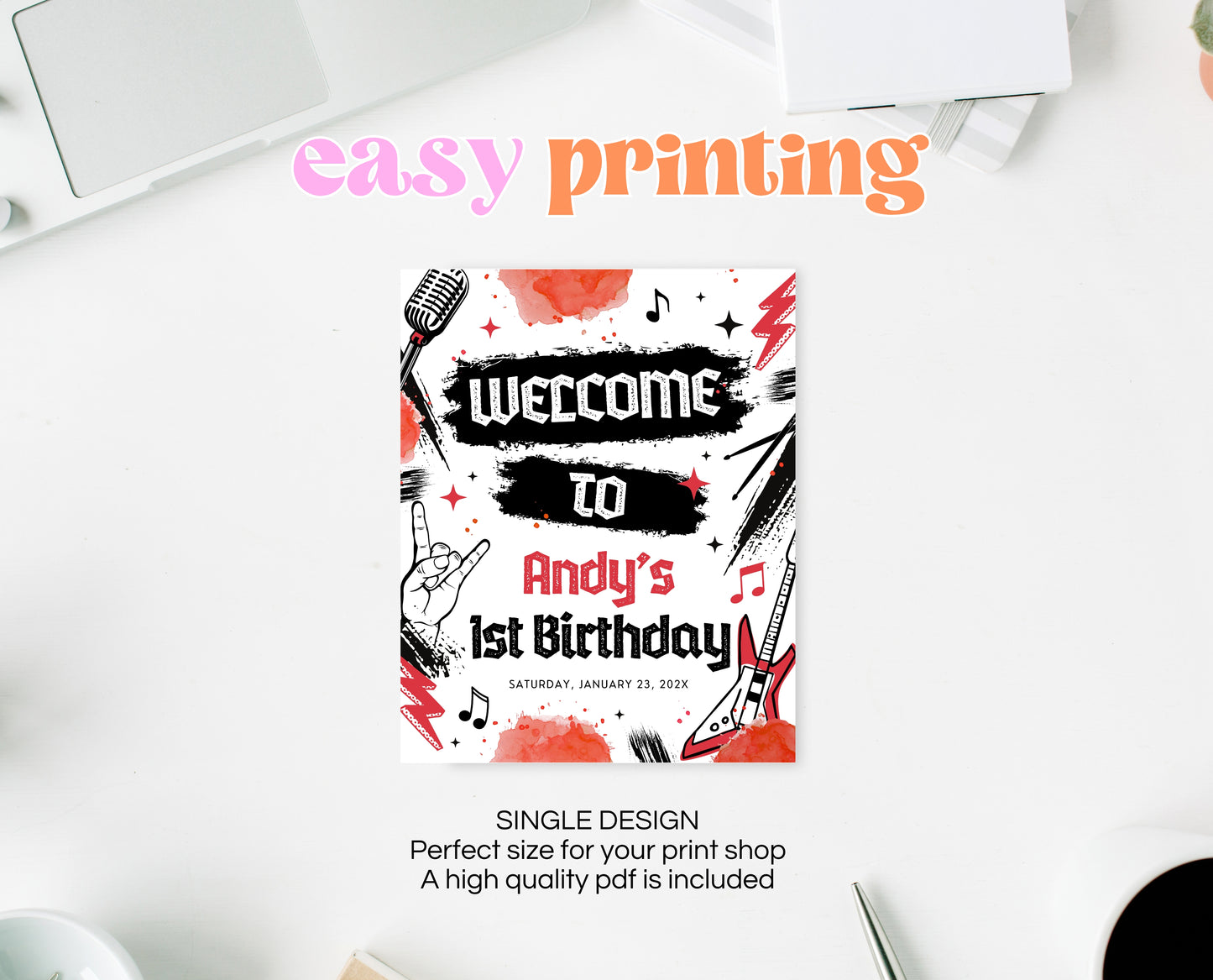 Editable Rock And Roll Birthday Welcome Sign, Boy Rock And Roll Party, Punk Rock Birthday Welcome Banner, Red Rock First Birthday, BBP08