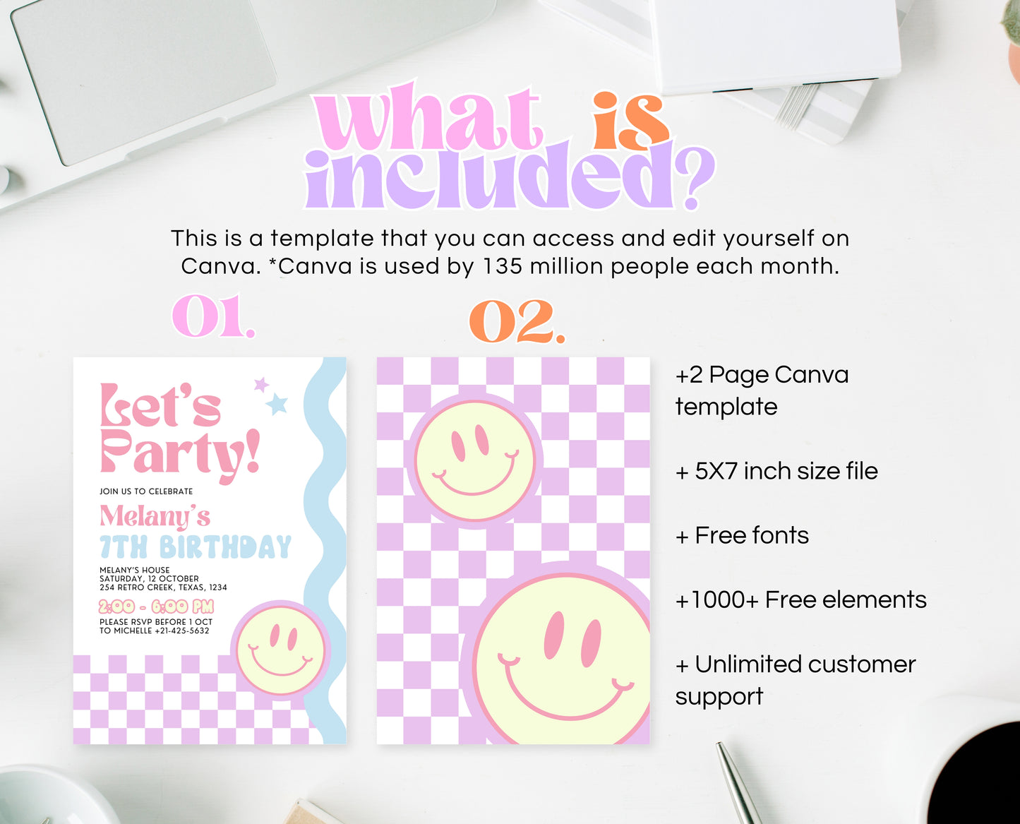 Editable Retro Smiley Birthday Invitation, Preppy Smile Theme Invite, Pink Checkered Smiley Birthday Invite, Retro Smiley Girl Invite, GBP17