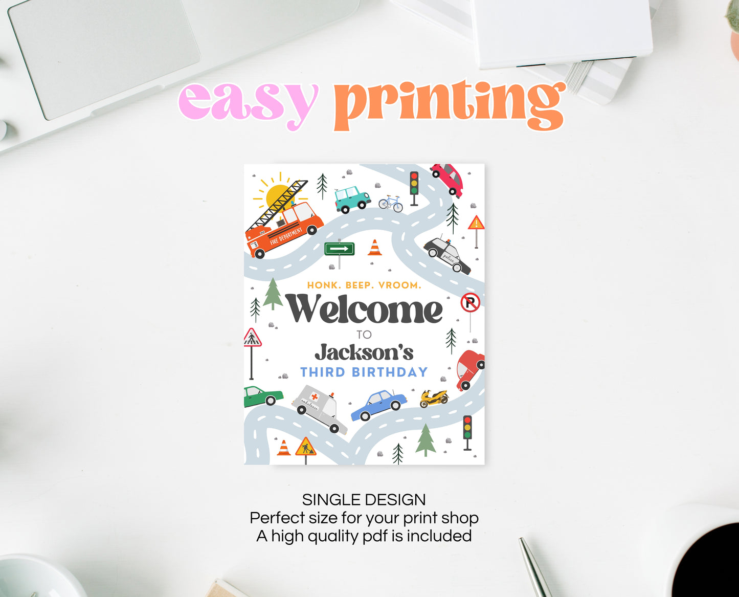 Editable Transportation Birthday Welcome Sign, Cars Birthday Decor, Cars 1st Birthday Welcome Banner, Truck and Cars Birthday Decor, BBP04