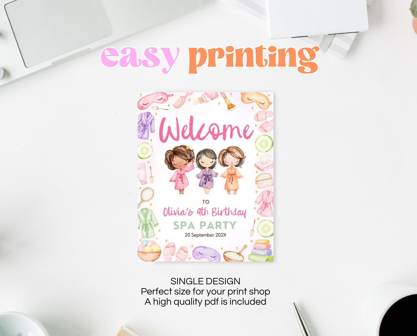 Editable Spa Birthday Welcome Sign, Spa Party Decor, Pamper Birthday, Pink Glam Party Welcome Banner, Pink Spa Girls Birthday Decor, GBP08