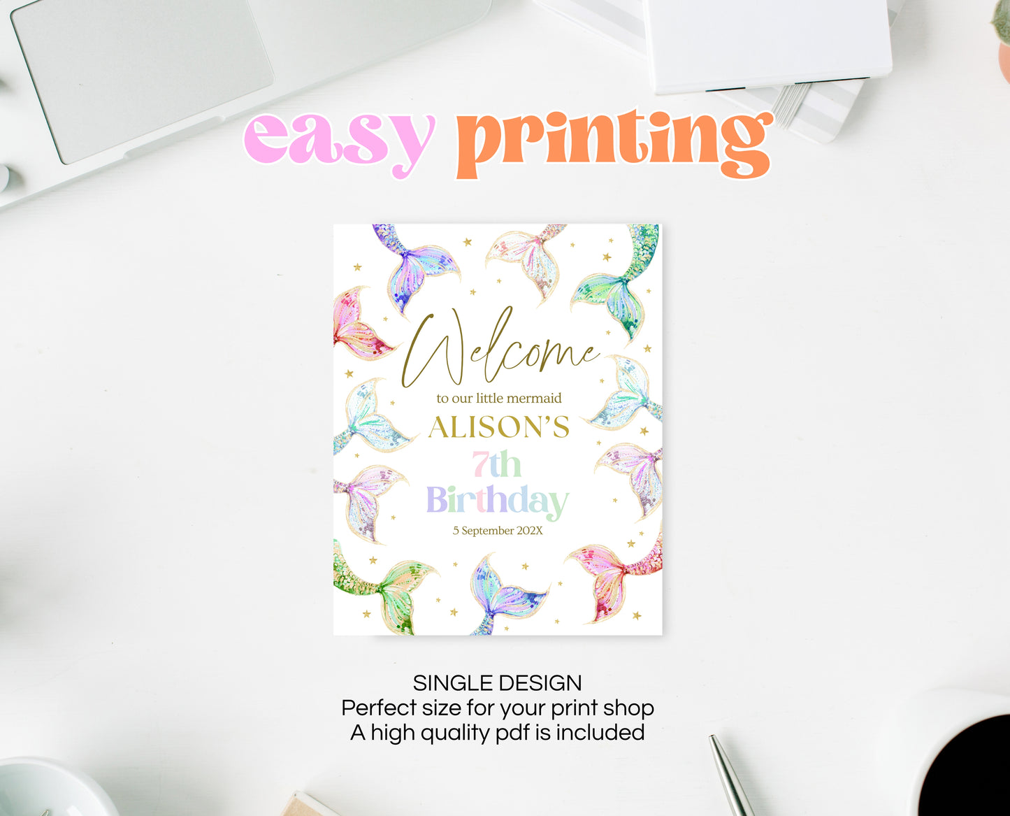 Editable Mermaid Tail Birthday Welcome Sign, Under the Sea Birthday Welcome Banner, Birthday Template, Pastel Rainbow Glitter Mermaid, GBP13
