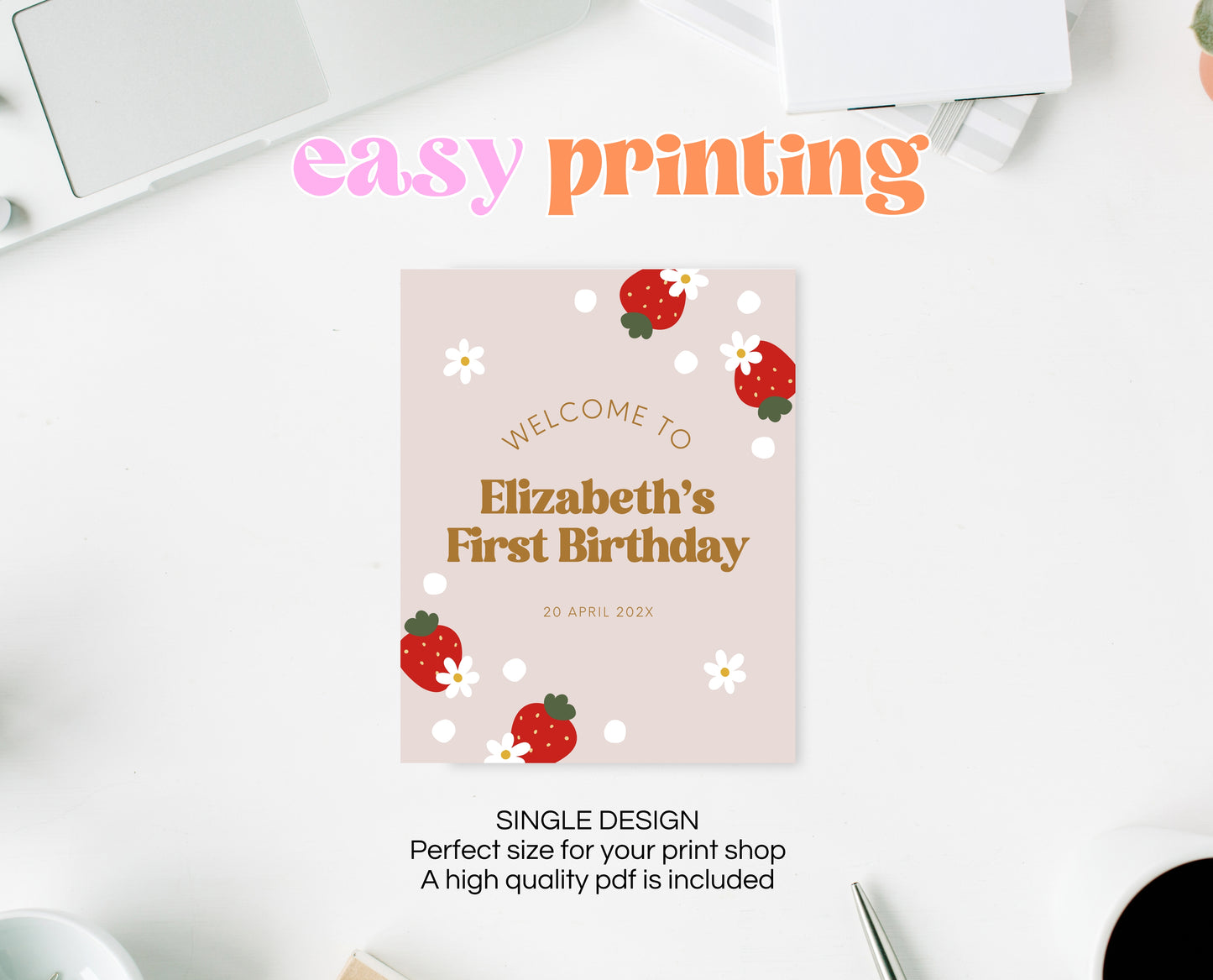 Editable Strawberry Birthday Welcome Sign, Retro Strawberry Birthday Girl Decor, Printable Boho Strawberry Birthday Welcome Banner, GBP02