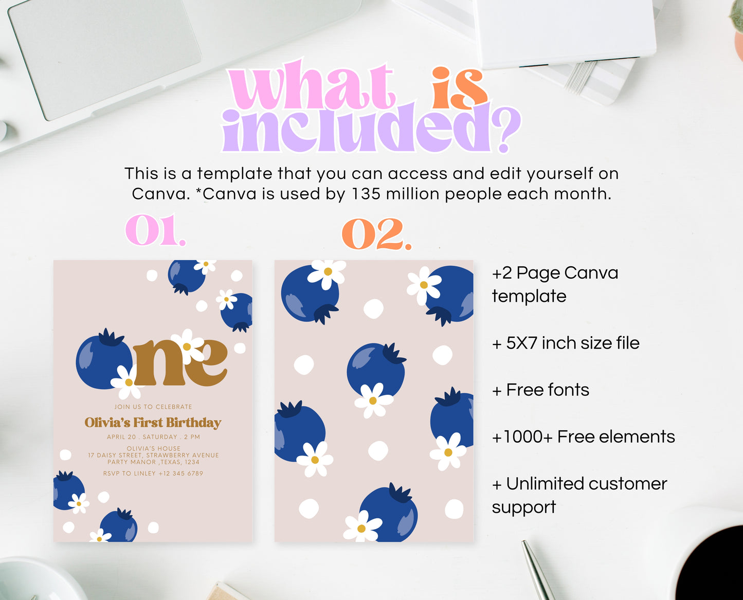 Editable Berry First Birthday Invitation, Gold Blueberry 1st Birthday Girl Invite, Printable Blueberry First Birthday Girl Invitation, GBP03