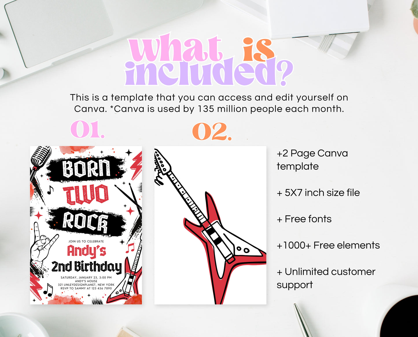 Editable Born Two Rock 2nd Birthday Party Invitation, Boy Rock And Roll Party Invitation, Punk Rock Birthday Invite, Red Rock Invite, BBP08