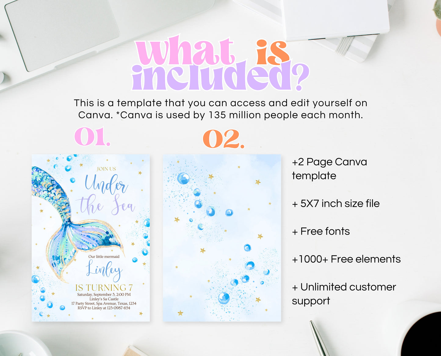 Editable Mermaid Tail Birthday Invitation, Under the Sea Birthday Invitation, Birthday Template, Blue And Gold Glitter Mermaid Invite, GBP12
