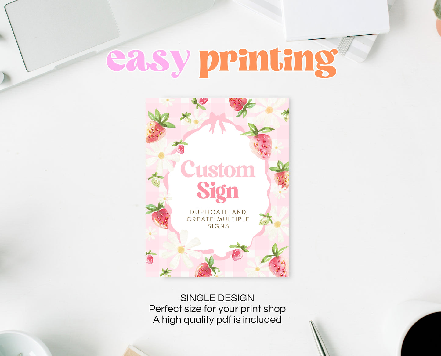 Editable Strawberry Birthday Custom Sign, Whimsical Strawberry Birthday Girl, Printable Pink Strawberries Birthday Custom Banner, GBP06