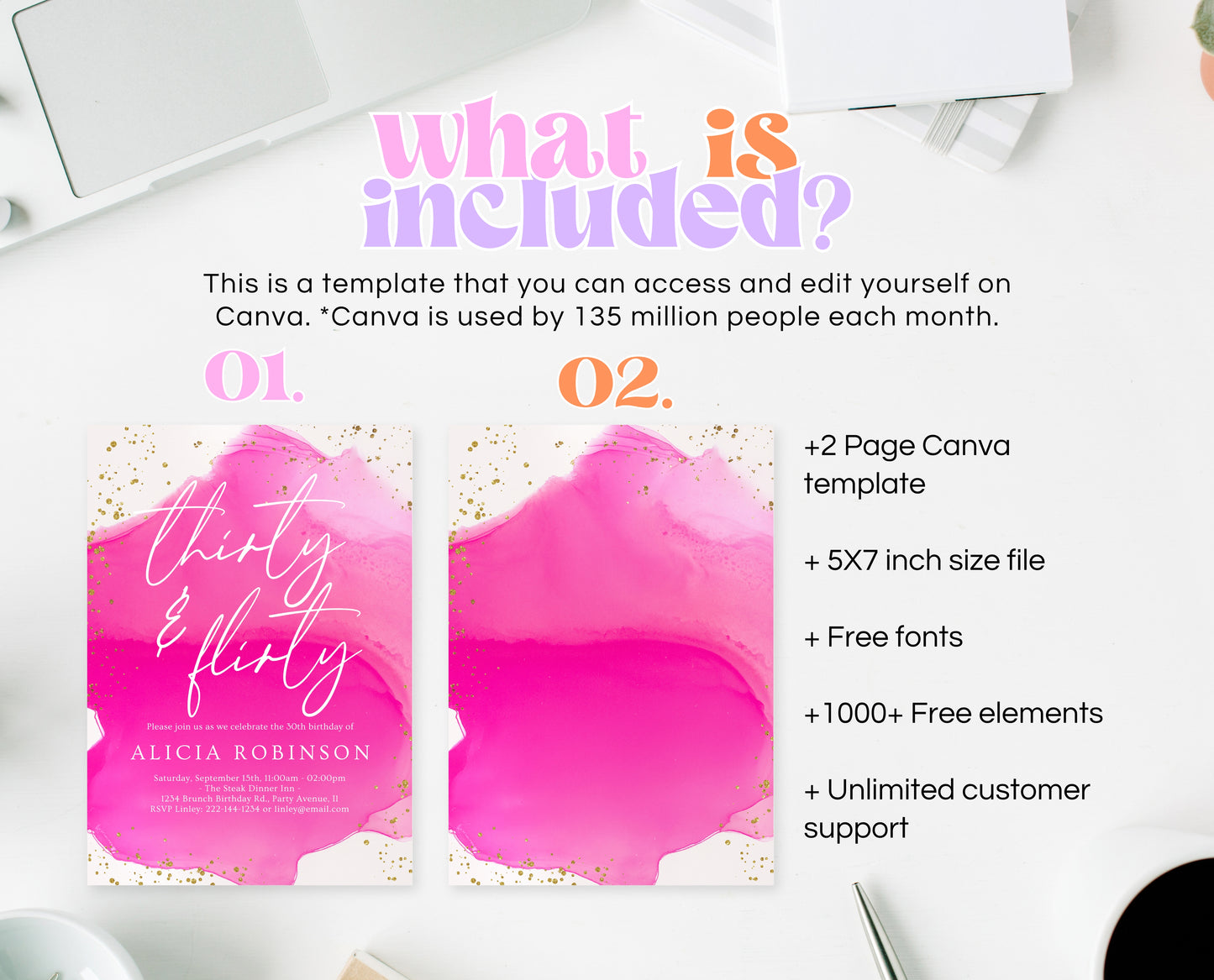 Editable Thirty and Flirty 30th Birthday Invitation Hot Pink and Gold Glam Party Invite Modern Birthday Template Instant Download AB17