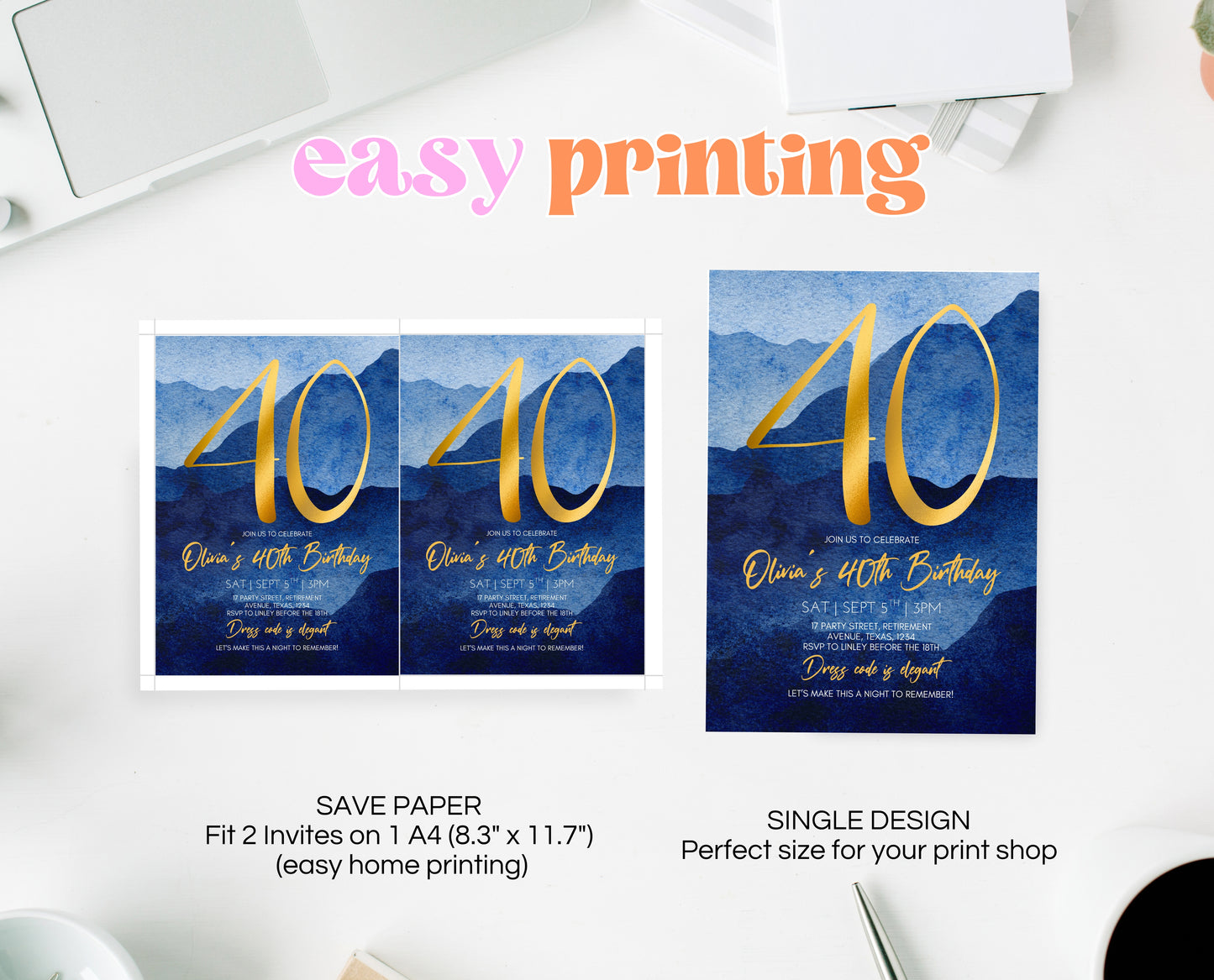 Editable 40th Birthday Invitation Blue Gold Digital Template Modern Mobile Invite for Him Instant Download Printable Party Design AB09