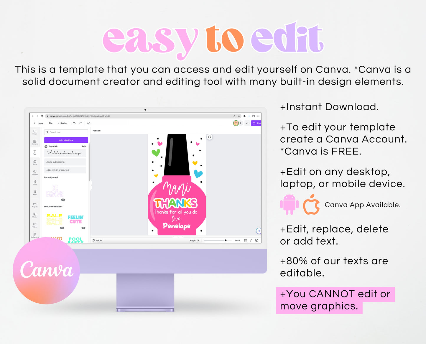 Editable Nail Polish Appreciation Gift Tag, Printable Mani Thanks Teacher Staff Favor Tag, Editable Manicure Thank You Tag, Instant Download