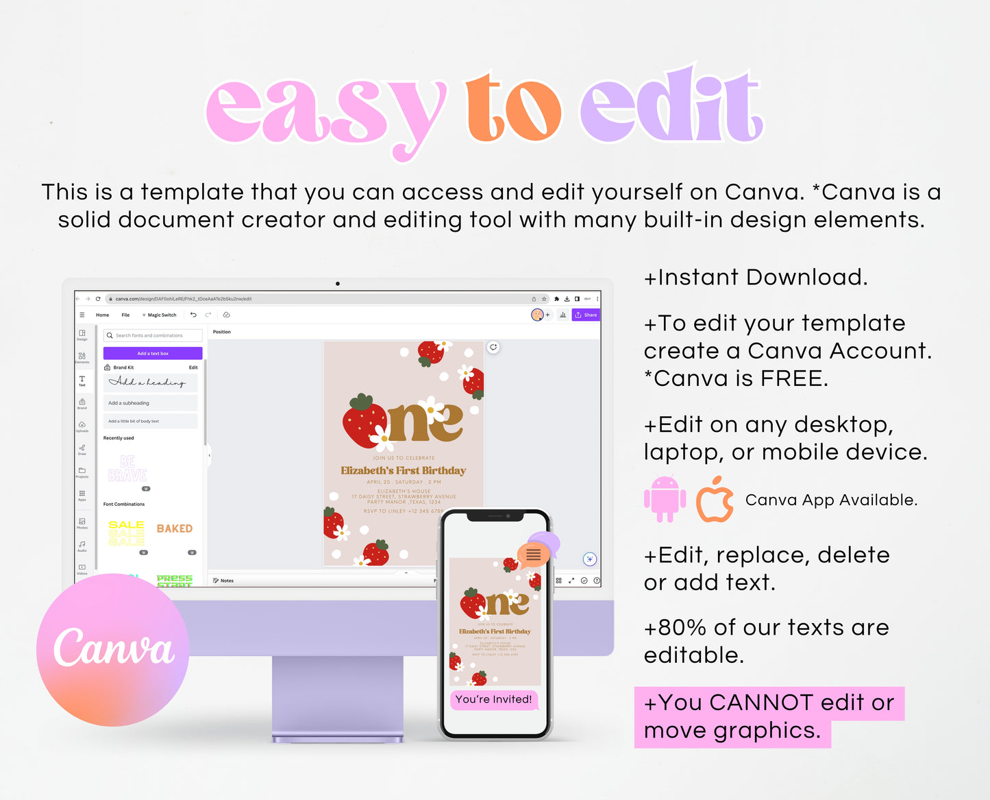 Editable Berry First Birthday Invitation, Strawberry 1st Birthday Girl Invite, Printable Strawberry First Birthday Girl Invitation, GBP02