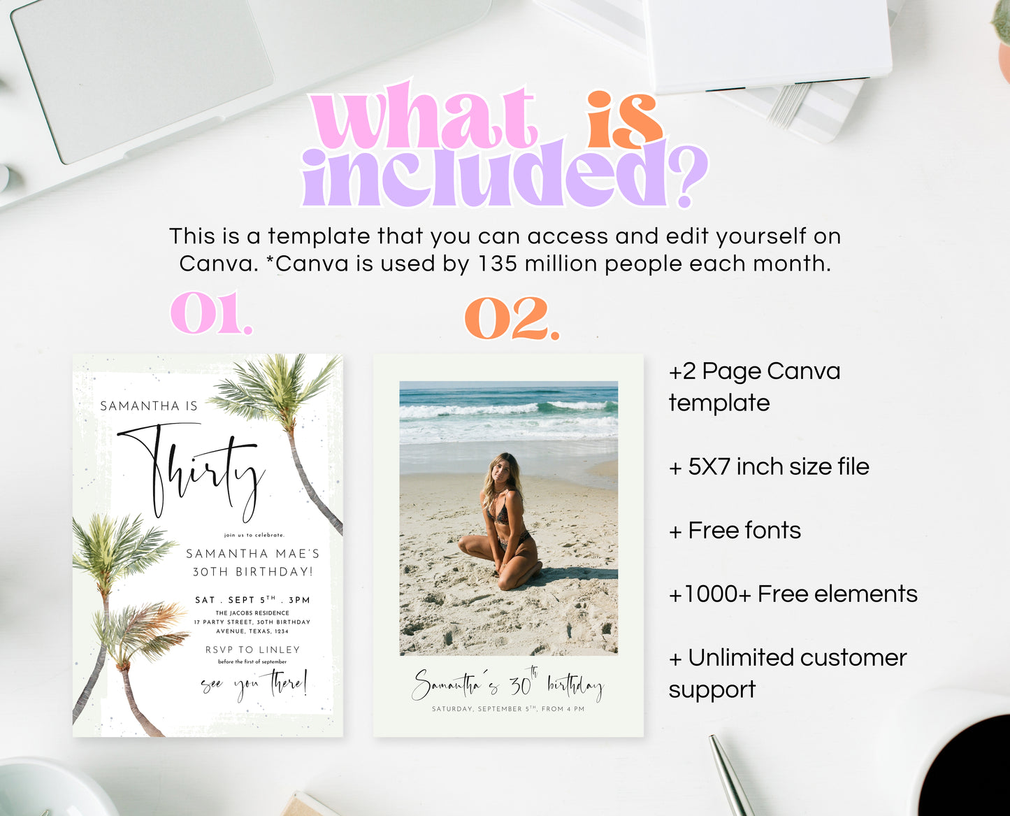 Editable Palm Birthday Invitation Template Folk Palm Trees Summer Party Beach Theme Watercolour Modern Instant Download Printable AB14