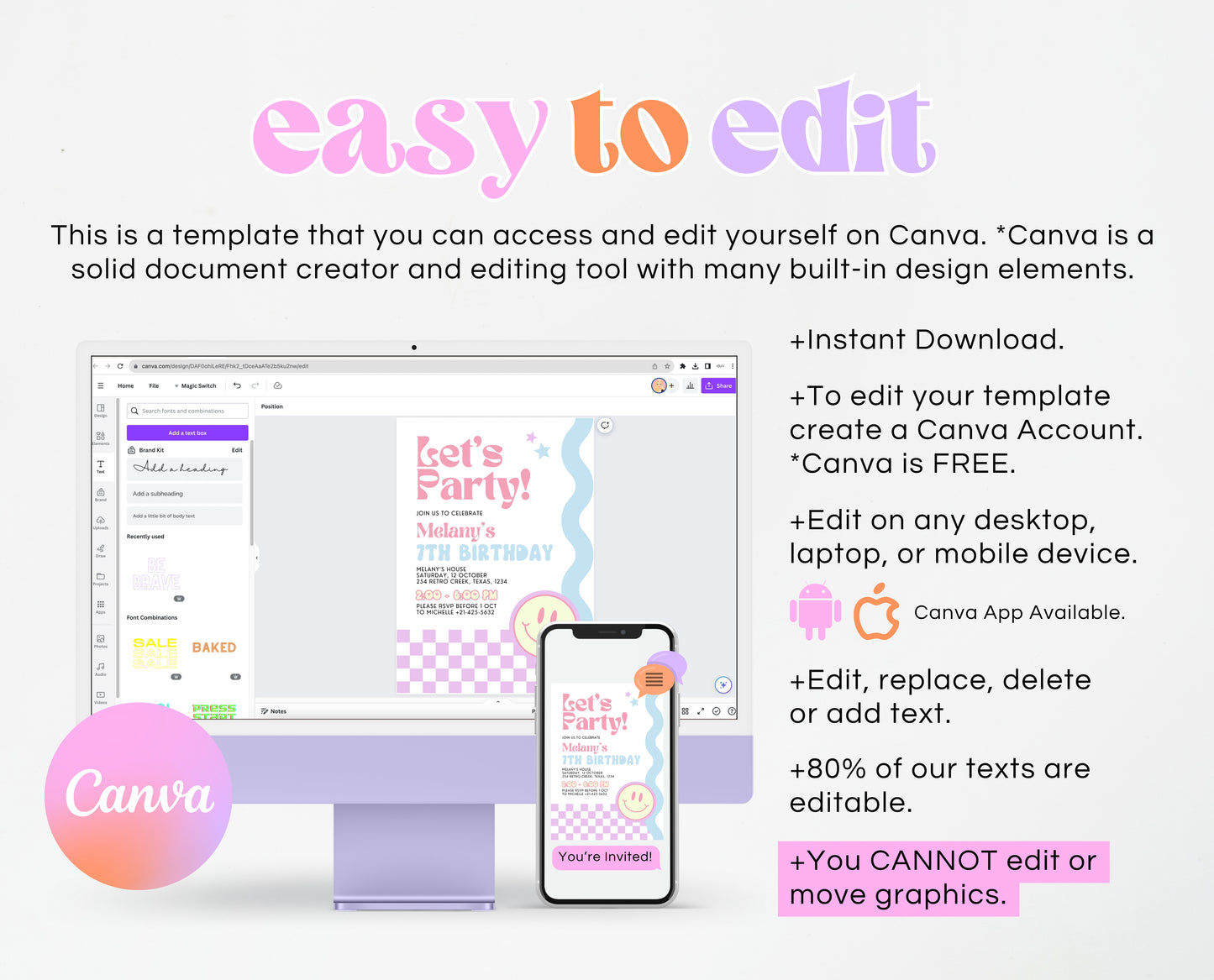 Editable Retro Smiley Birthday Invitation, Preppy Smile Theme Invite, Pink Checkered Smiley Birthday Invite, Retro Smiley Girl Invite, GBP17