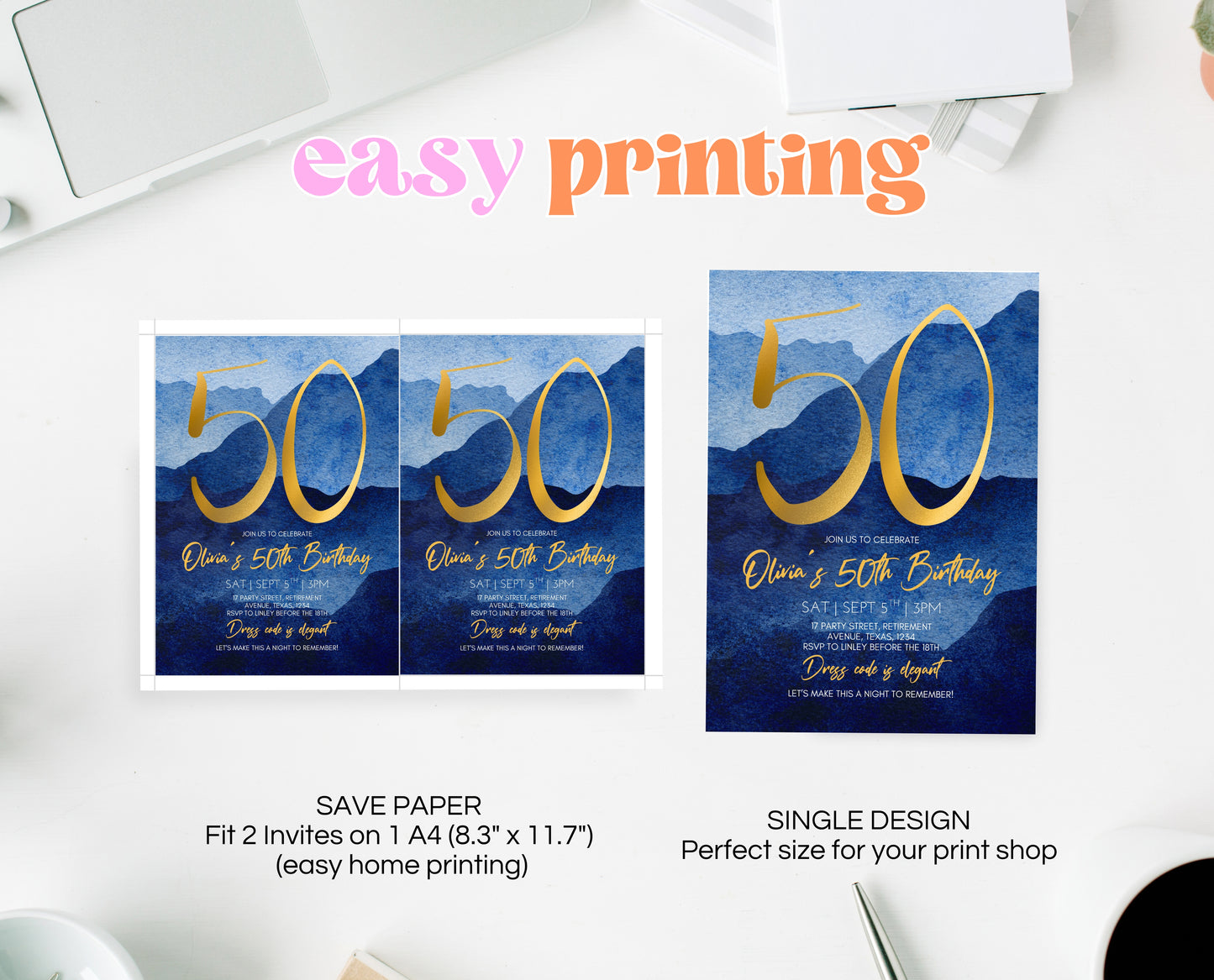 Editable 50th Birthday Invitation Blue Gold Digital Template Modern Mobile Invite for Him Instant Download Printable Party Design AB09