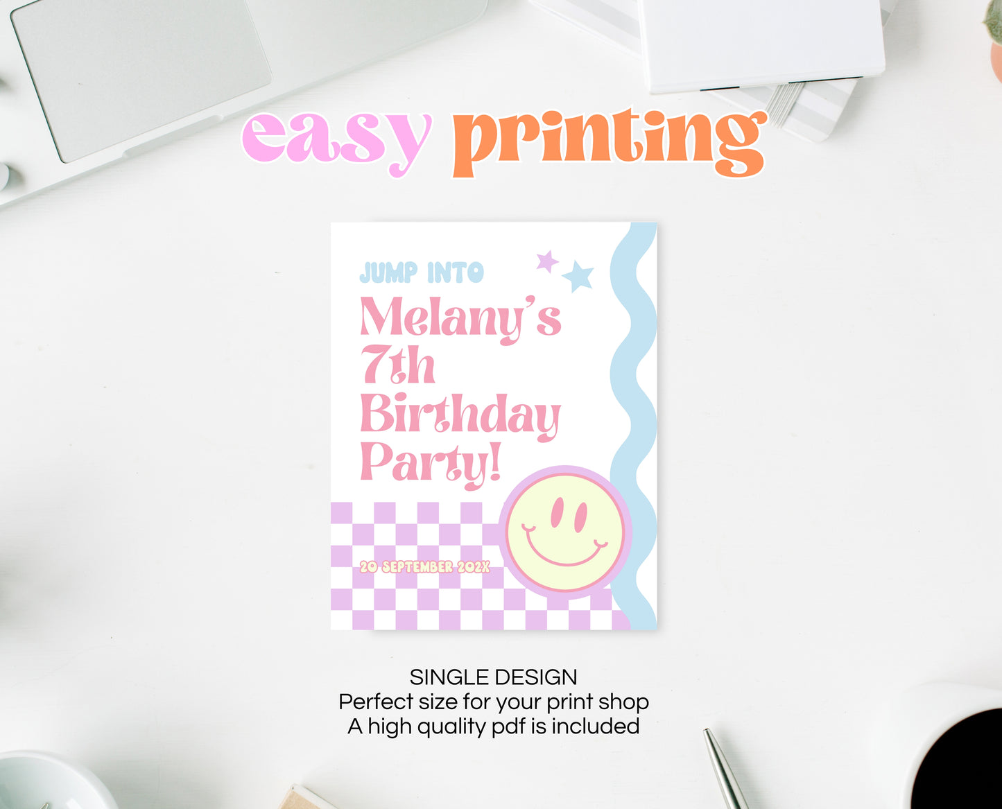 Editable Retro Smiley Birthday Welcome Sign, Preppy Smile Theme, Pink Checkered Smiley Birthday Sign, Retro Smiley Girl Welcome Sign, GBP17