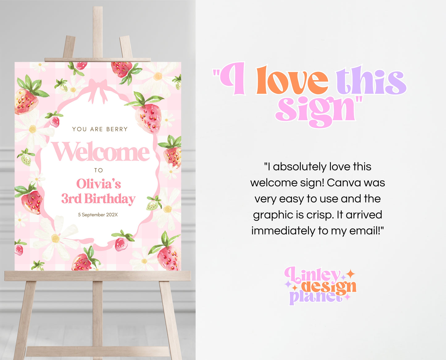 Editable Strawberry Birthday Welcome Sign, Whimsical Strawberry Birthday Girl, Printable Pink Strawberries Birthday Welcome Banner, GBP06