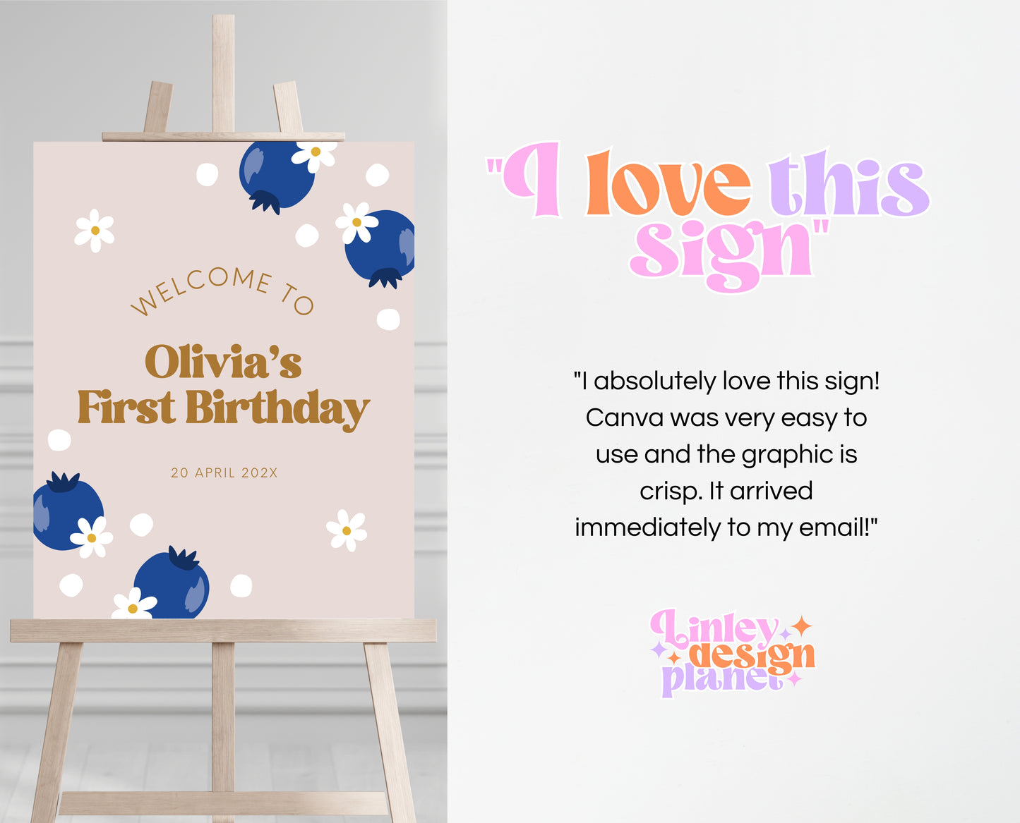 Editable Blueberry Birthday Welcome Sign, Retro Blueberry Birthday Girl Decor, Printable Boho Blueberry Birthday Welcome Banner, Gold, GBP03