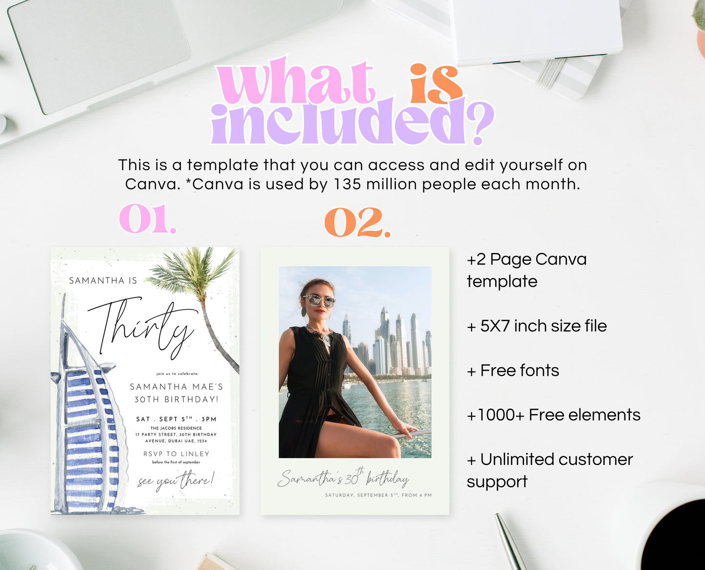 Editable Dubai Themed Palm Birthday Invitation Summer Party Template Luxury Desert Tropical Printable Invite Download AB13