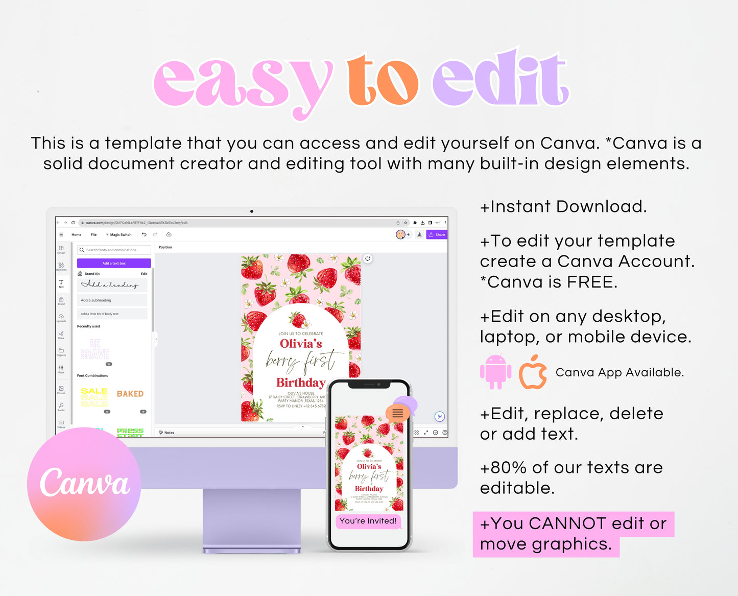 Editable Berry First Birthday Invitation, Strawberry Arch 1st Birthday Girl Invite, Printable Strawberry First Birthday Girl Invitation, GBP05