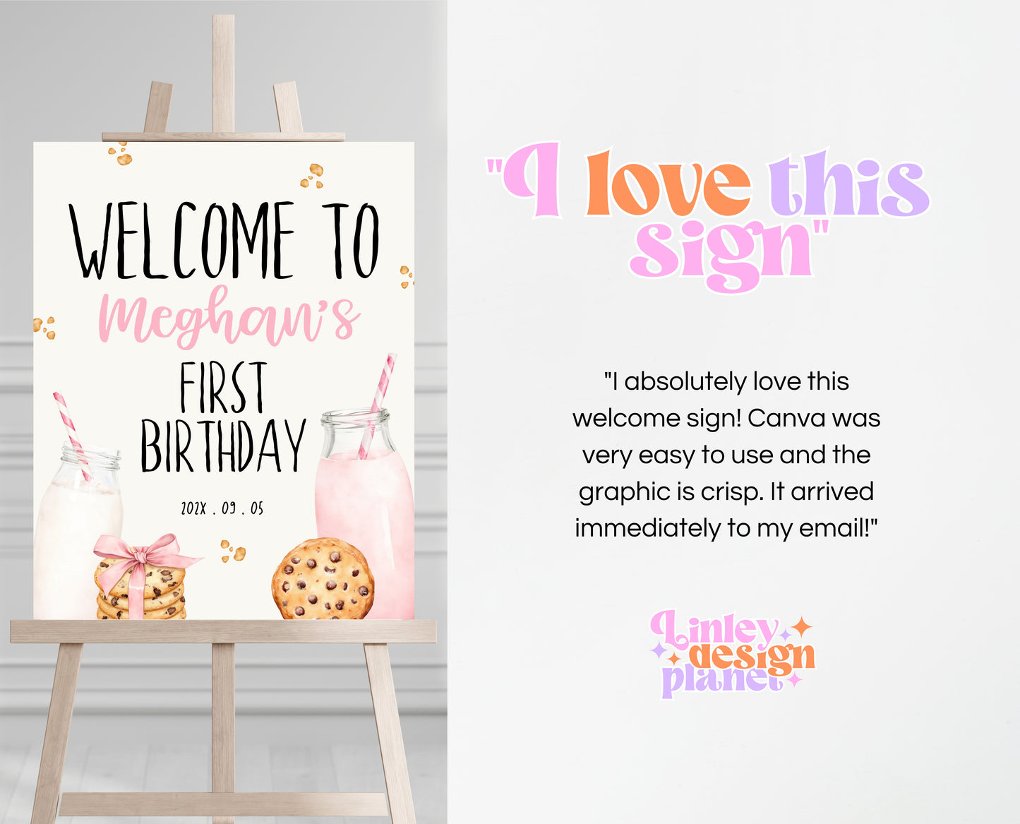 Editable Milk And Cookies Birthday Welcome Sign, Pink Milk And Cookies First Birthday, Printable Girl First Birthday Welcome Banner, GBP01