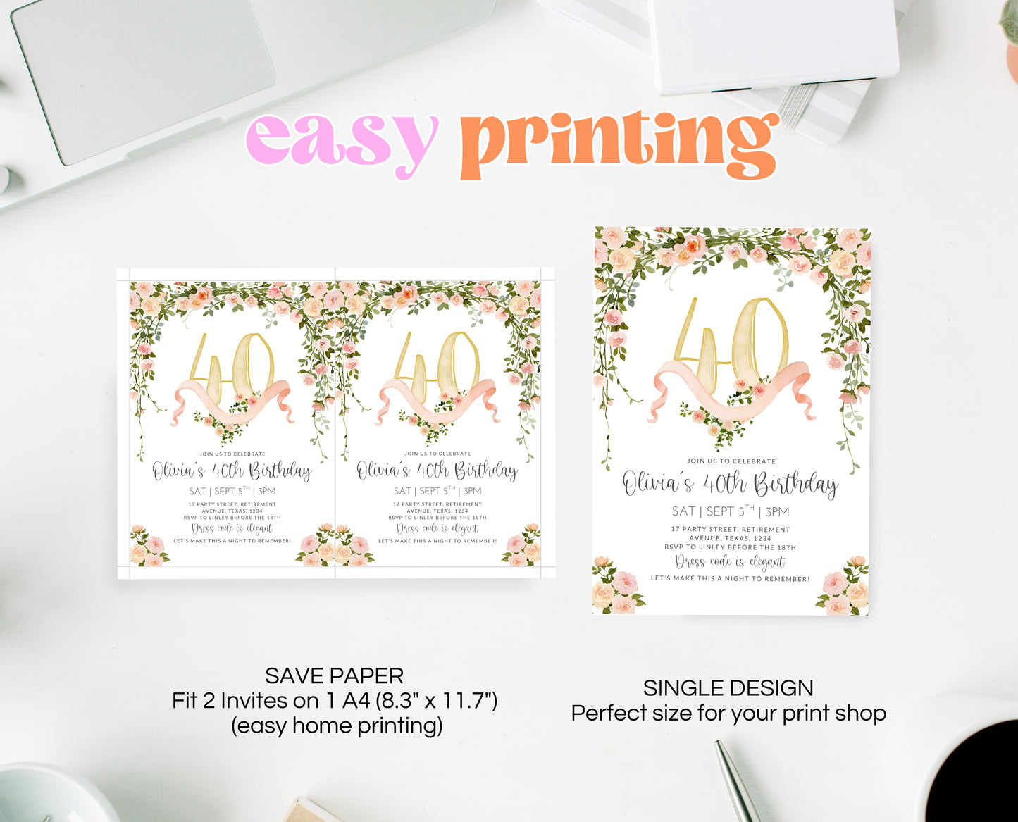 Editable 40th Birthday Invitation Blush Pink Gold Template Floral Watercolor Roses Digital Invite Instant Download Printable Design AB10