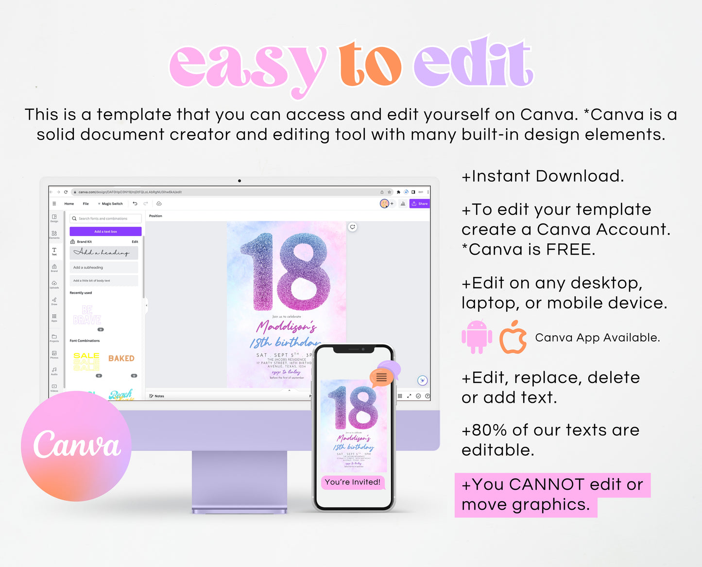 Editable 18th Birthday Invitation Pink Purple Blue Glitter Design Modern Elegant Digital Party Template Printable Invite Instant Download