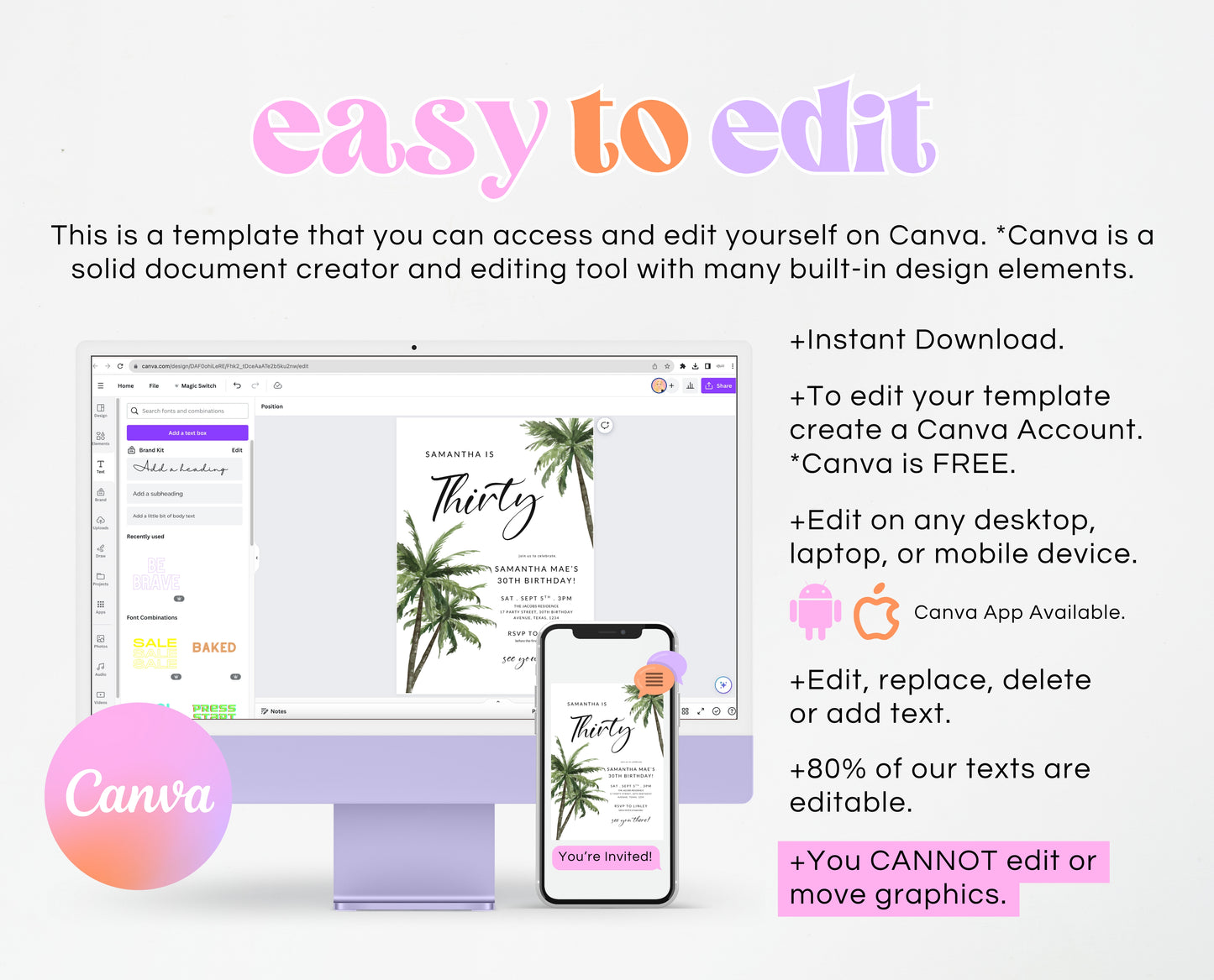 Editable Palm Birthday Invitation Template Folk Palm Trees Summer Party Beach Theme Watercolour Modern Instant Download Printable AB12