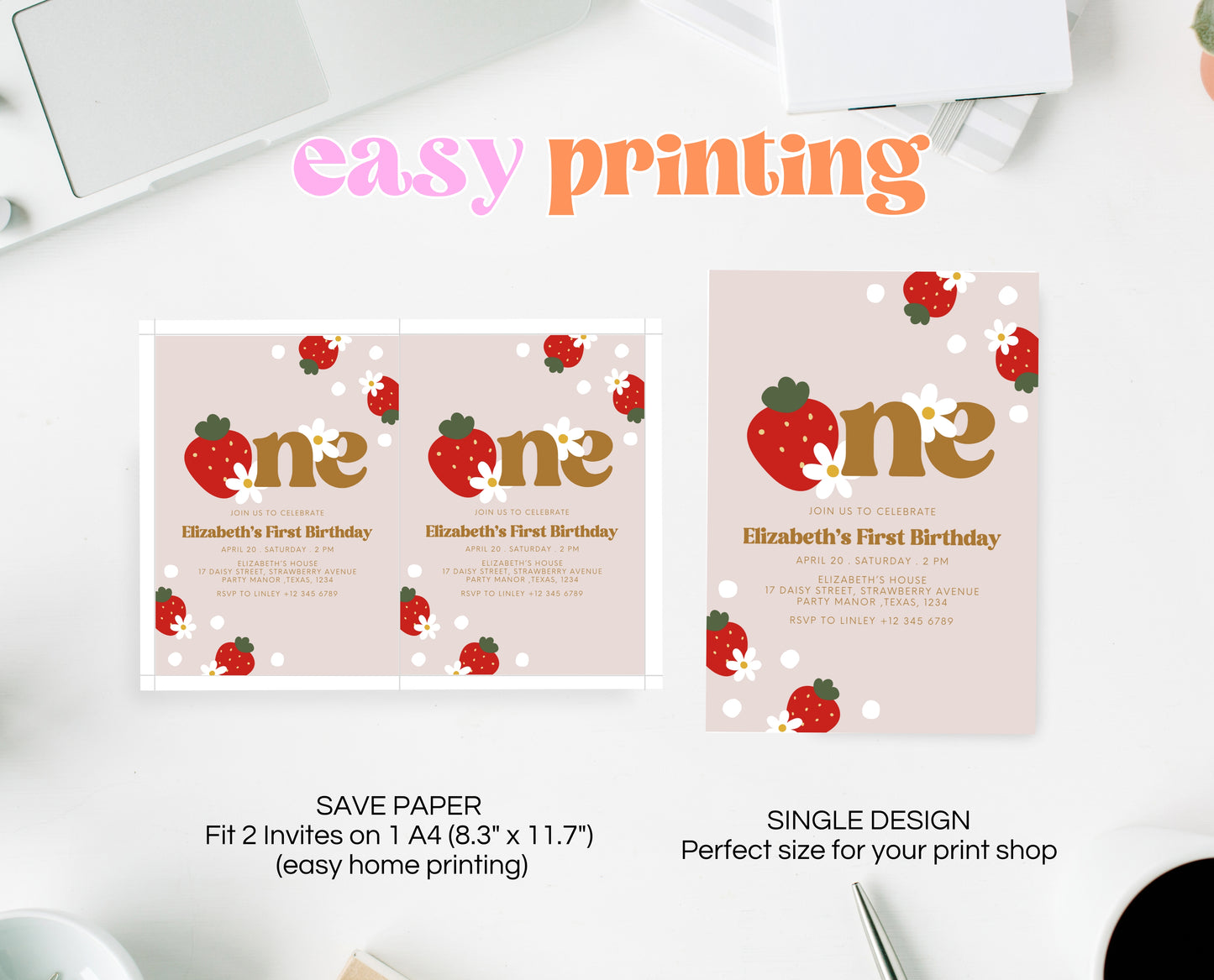 Editable Berry First Birthday Invitation, Strawberry 1st Birthday Girl Invite, Printable Strawberry First Birthday Girl Invitation, GBP02