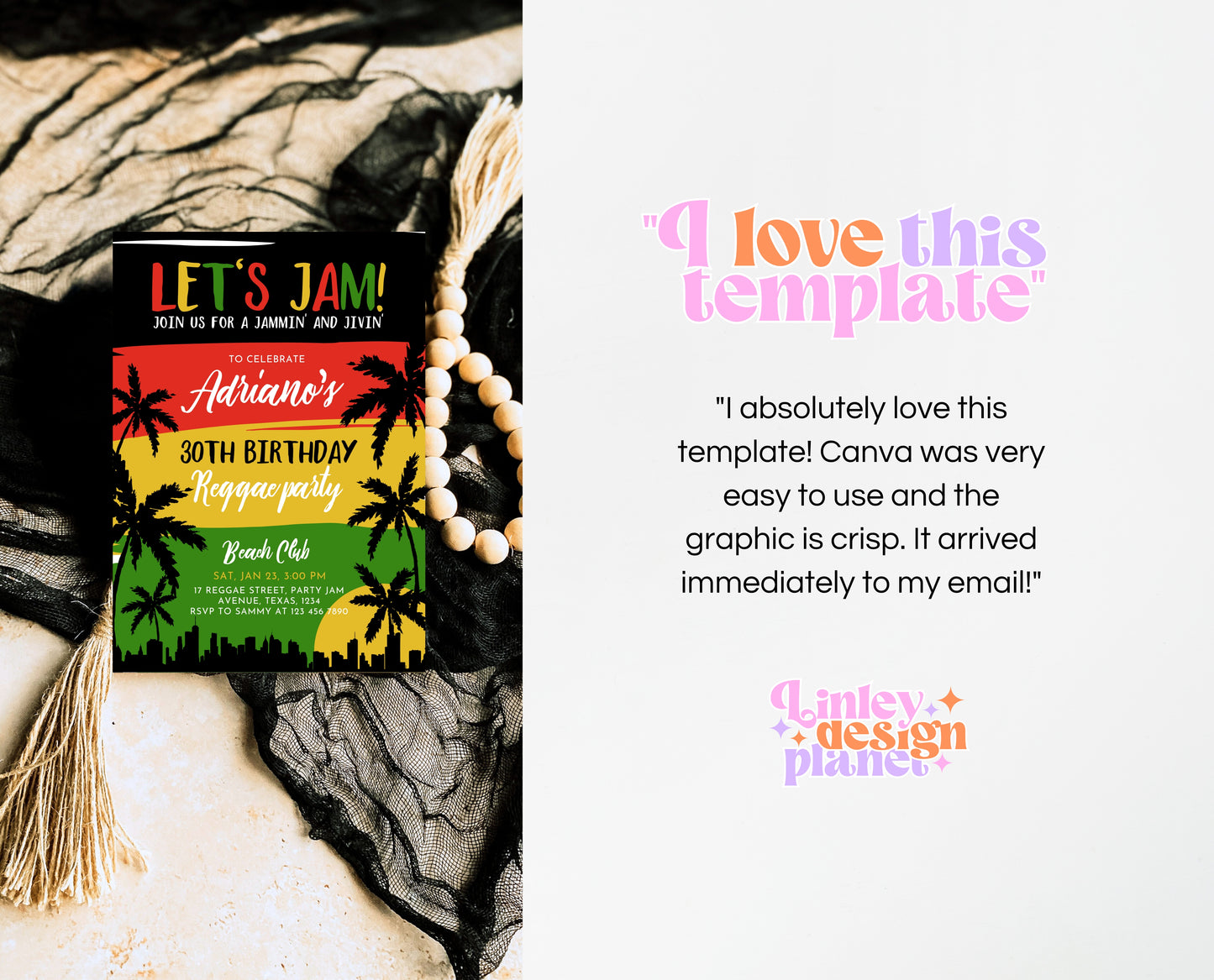 Editable Reggae Birthday Invitation Jamaican Theme Adult Party Template 30th 40th Celebration Printable Tropical Invite AB16