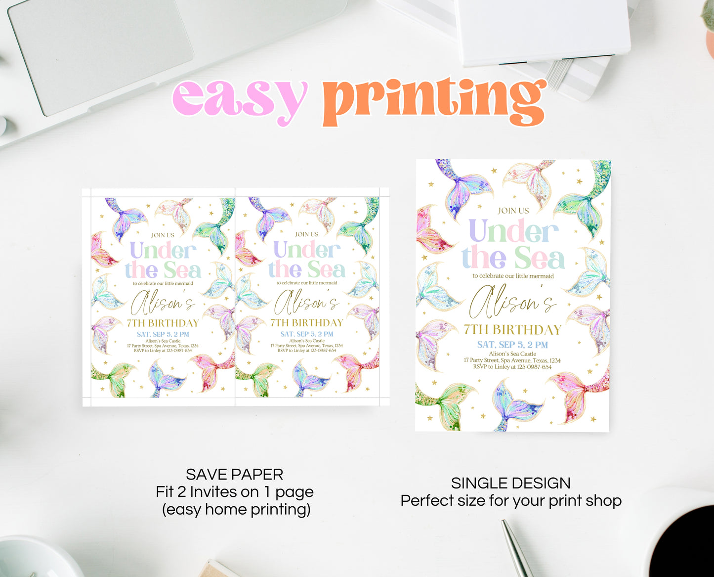 Editable Mermaid Birthday Invitation, Under the Sea Birthday Invitation, Birthday Template, Rainbow Pastel Glitter Mermaid Invite, GBP13