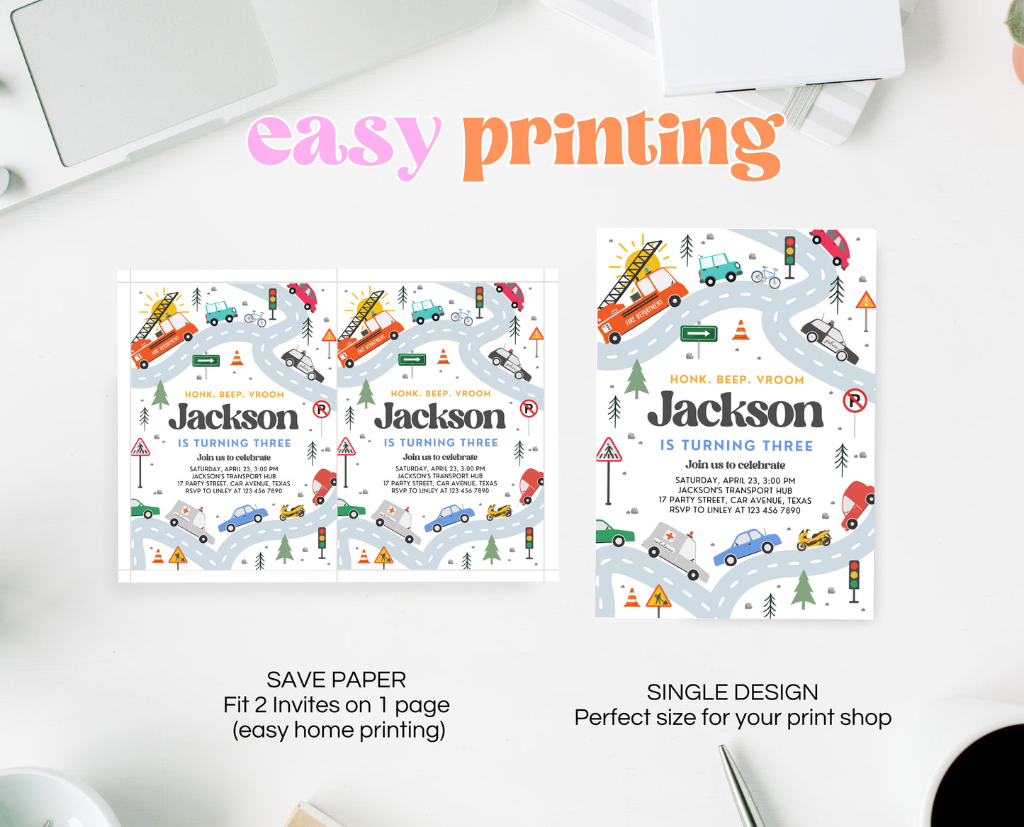 Editable Transportation Birthday Invitation, Truck Birthday Invitation, Cars Birthday Invite, Truck and Cars Birthday Invitation, BBP04