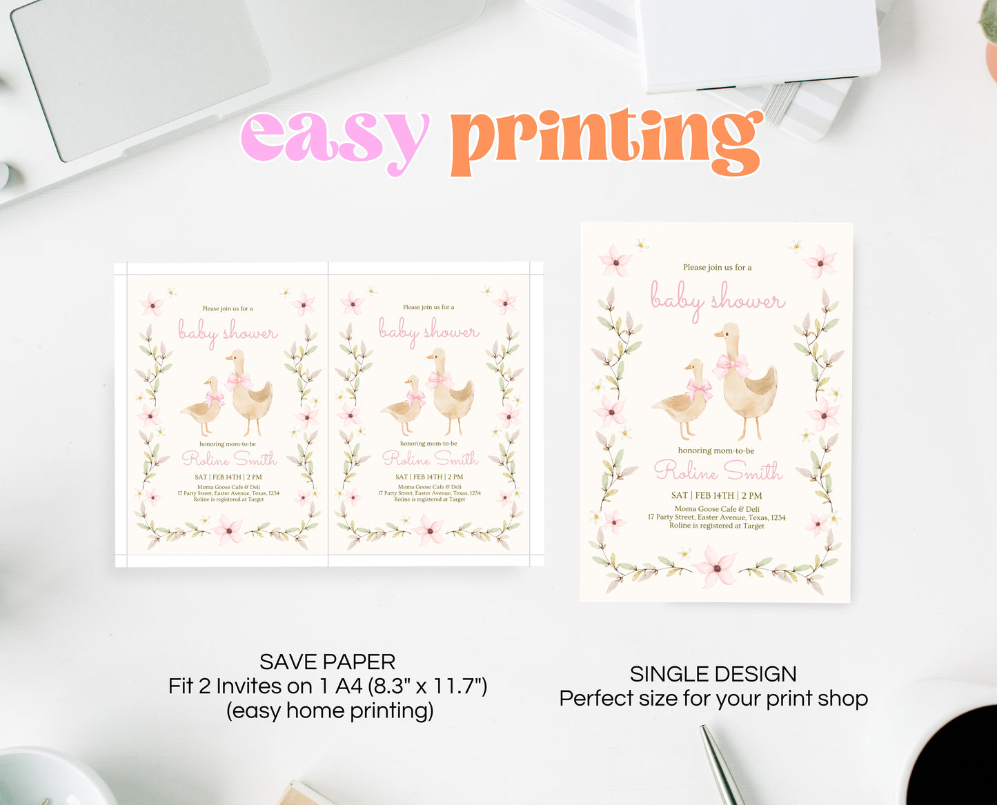 Editable Goose Baby Shower Invitation, A Silly Goose Baby Shower Invitation, Floral Whimsical Goose Invite, Easter Baby Shower Invite, EPC01