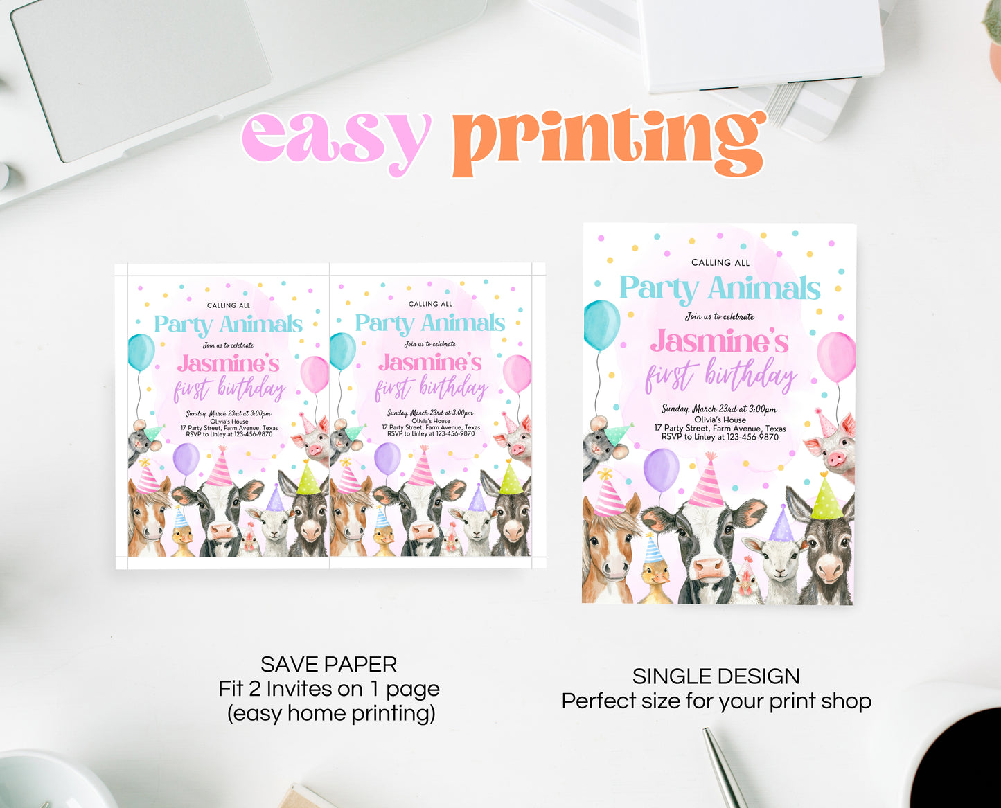 Editable Farm Girl Birthday Invitation, Pink Farm Birthday Party Invite, Calling All Party Animals, Rainbow Farm Animals Party Invite, GBP15