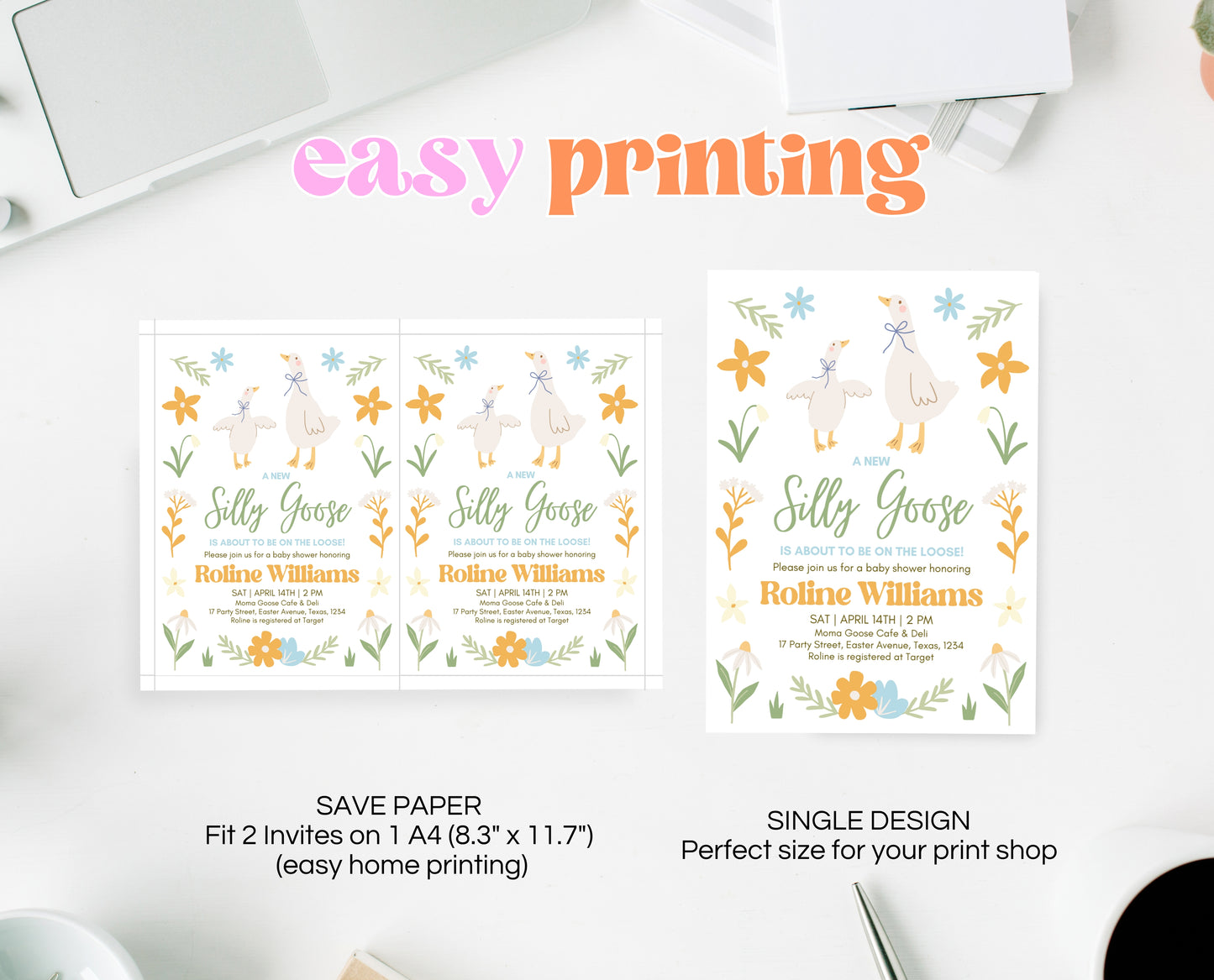 Editable Goose Baby Shower Invitation, A Silly Goose Baby Shower Invitation, Floral Whimsical Goose Invite, Easter Baby Shower Invite, EPC02
