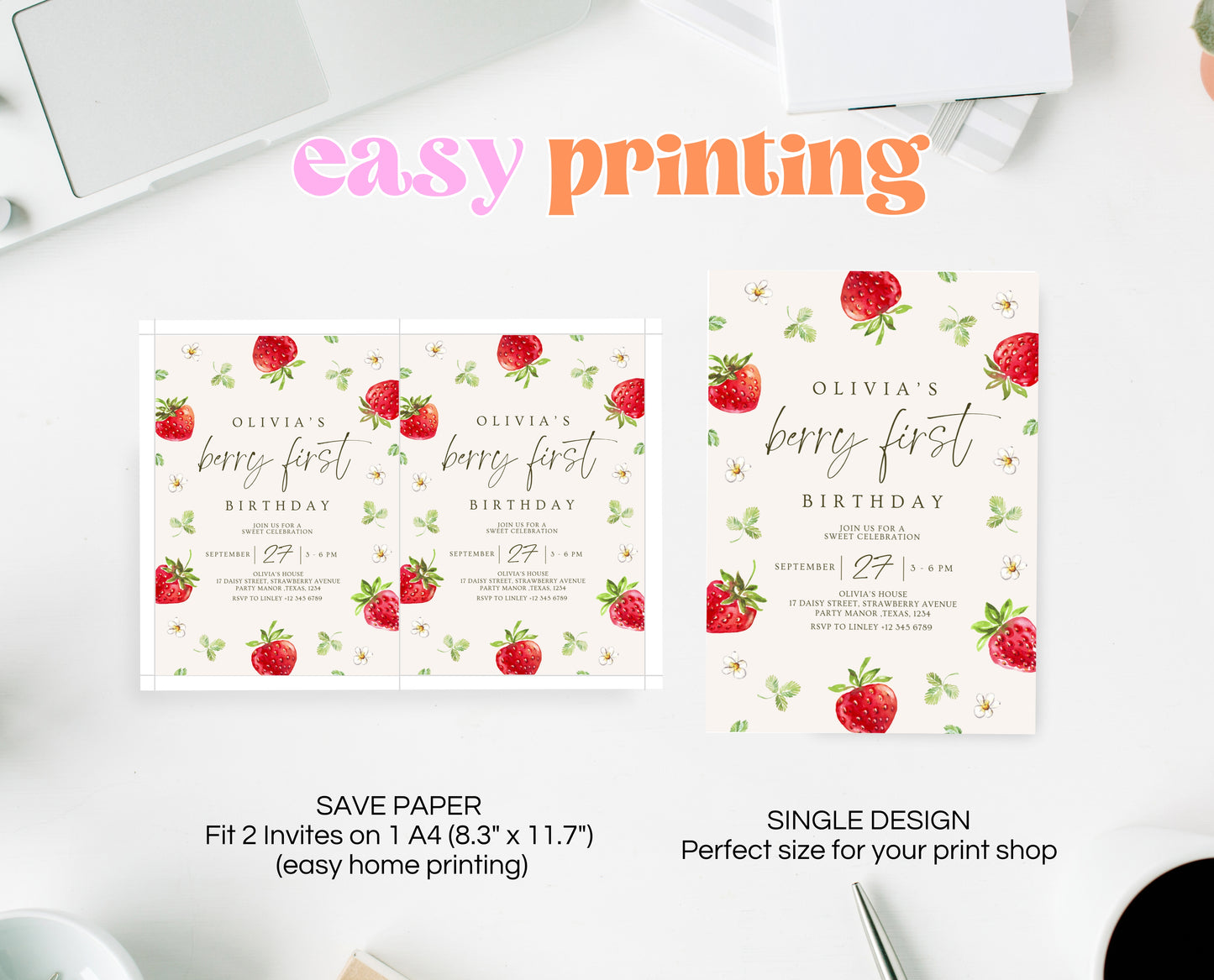 Editable Berry First Birthday Invitation, Strawberry 1st Birthday Girl Invite, Printable Strawberry First Birthday Girl Invitation, GBP04
