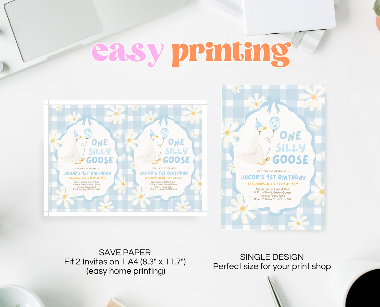 Editable One Silly Goose Birthday Invitation, Boy 1st Birthday Invite, Blue Printable Invite, Goose First Birthday Invite, Template, EPC04