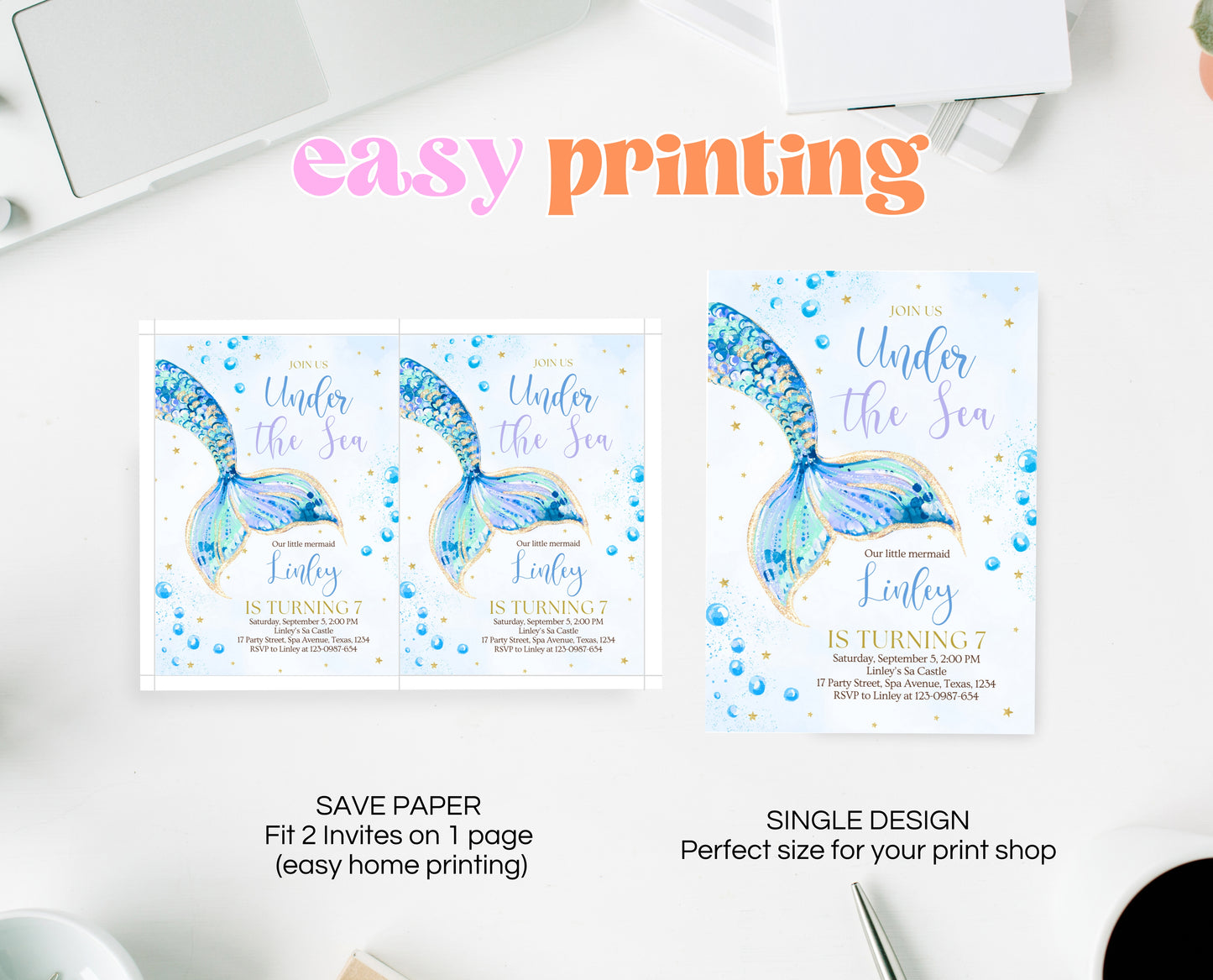 Editable Mermaid Tail Birthday Invitation, Under the Sea Birthday Invitation, Birthday Template, Blue And Gold Glitter Mermaid Invite, GBP12