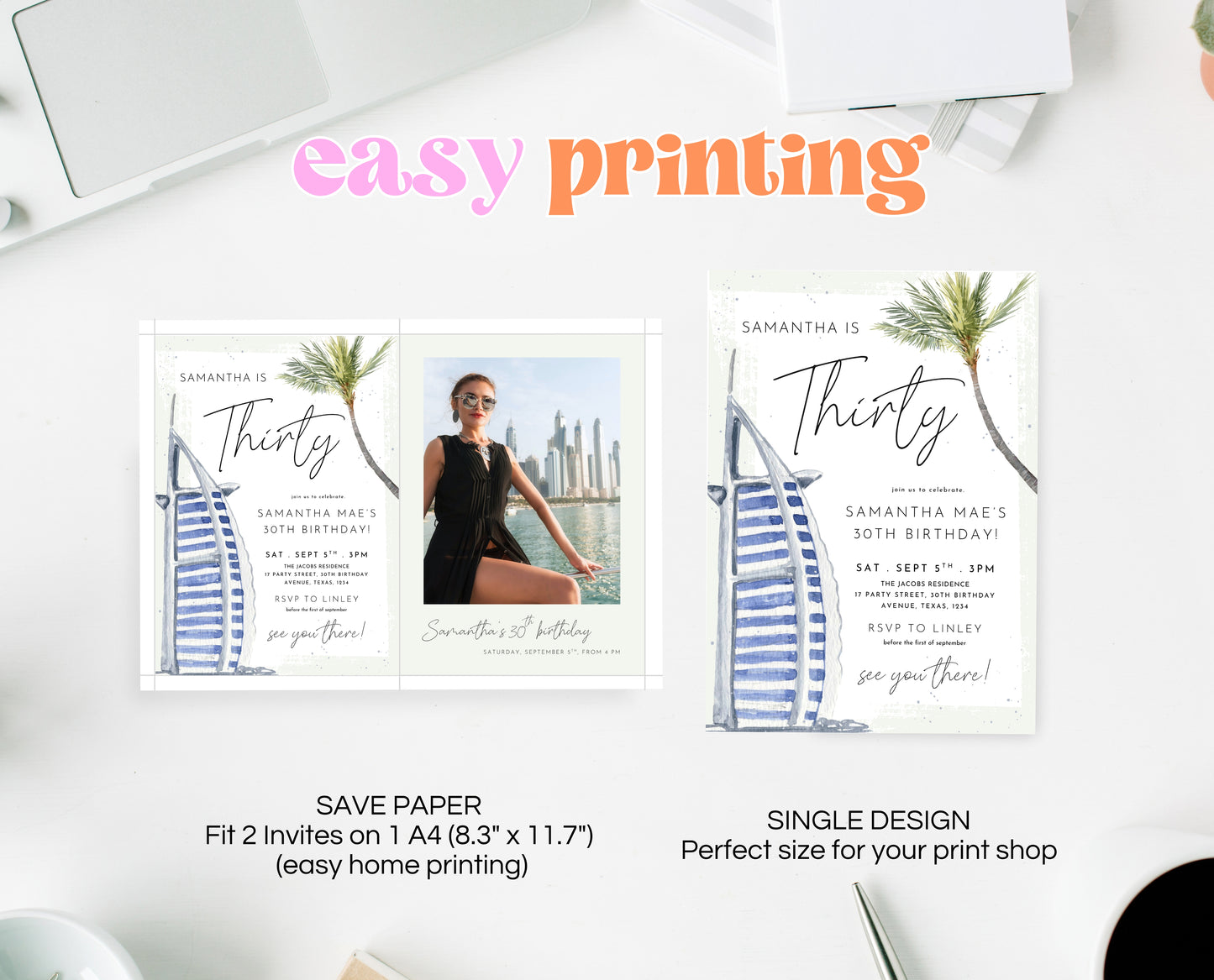 Editable Dubai Themed Palm Birthday Invitation Summer Party Template Luxury Desert Tropical Printable Invite Download AB13