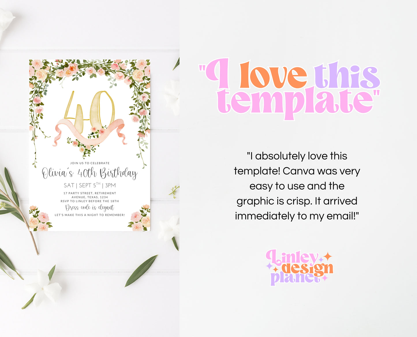 Editable 40th Birthday Invitation Blush Pink Gold Template Floral Watercolor Roses Digital Invite Instant Download Printable Design AB10