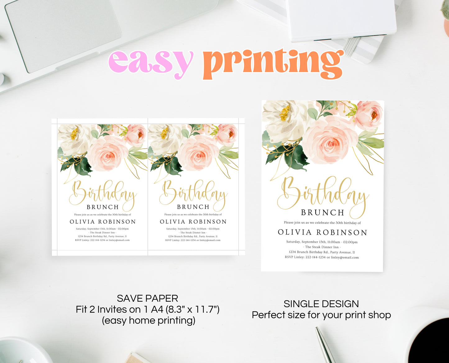 Editable Blush Pink Floral Birthday Brunch Invitation Gold Rose Invite Watercolour Printable Party Template for Women Instant Download