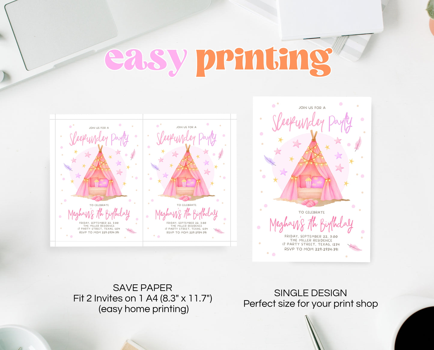 Editable Sleepunder Birthday Invitation Pink Glamping Spa Slumber Party Movie Night Tween Teen Printable Template Instant Download GBP51