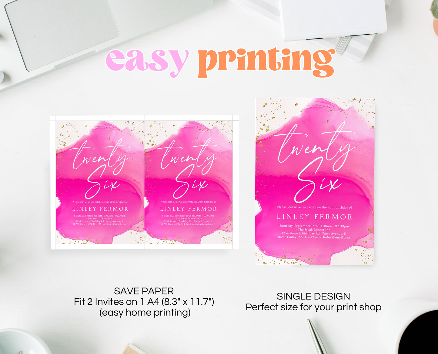 Editable Hot Pink and Gold Birthday Invitation Glam Party Template for Any Age Modern Printable Birthday Invite Instant Download AB17