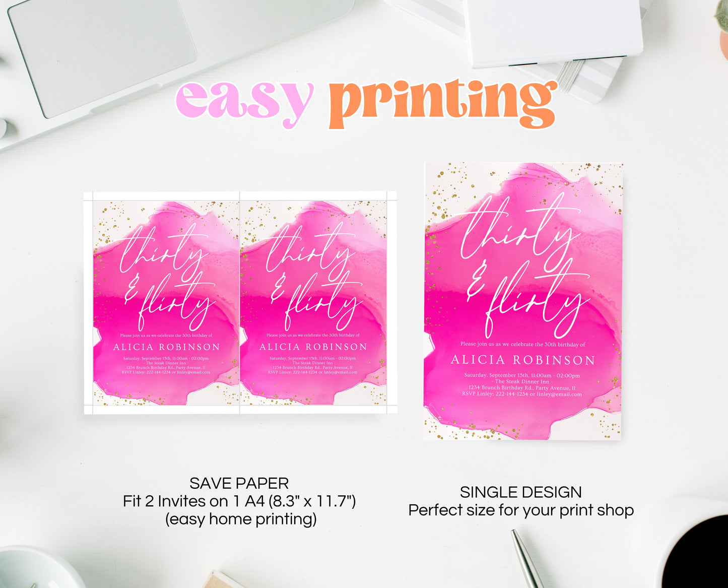 Editable Thirty and Flirty 30th Birthday Invitation Hot Pink and Gold Glam Party Invite Modern Birthday Template Instant Download AB17