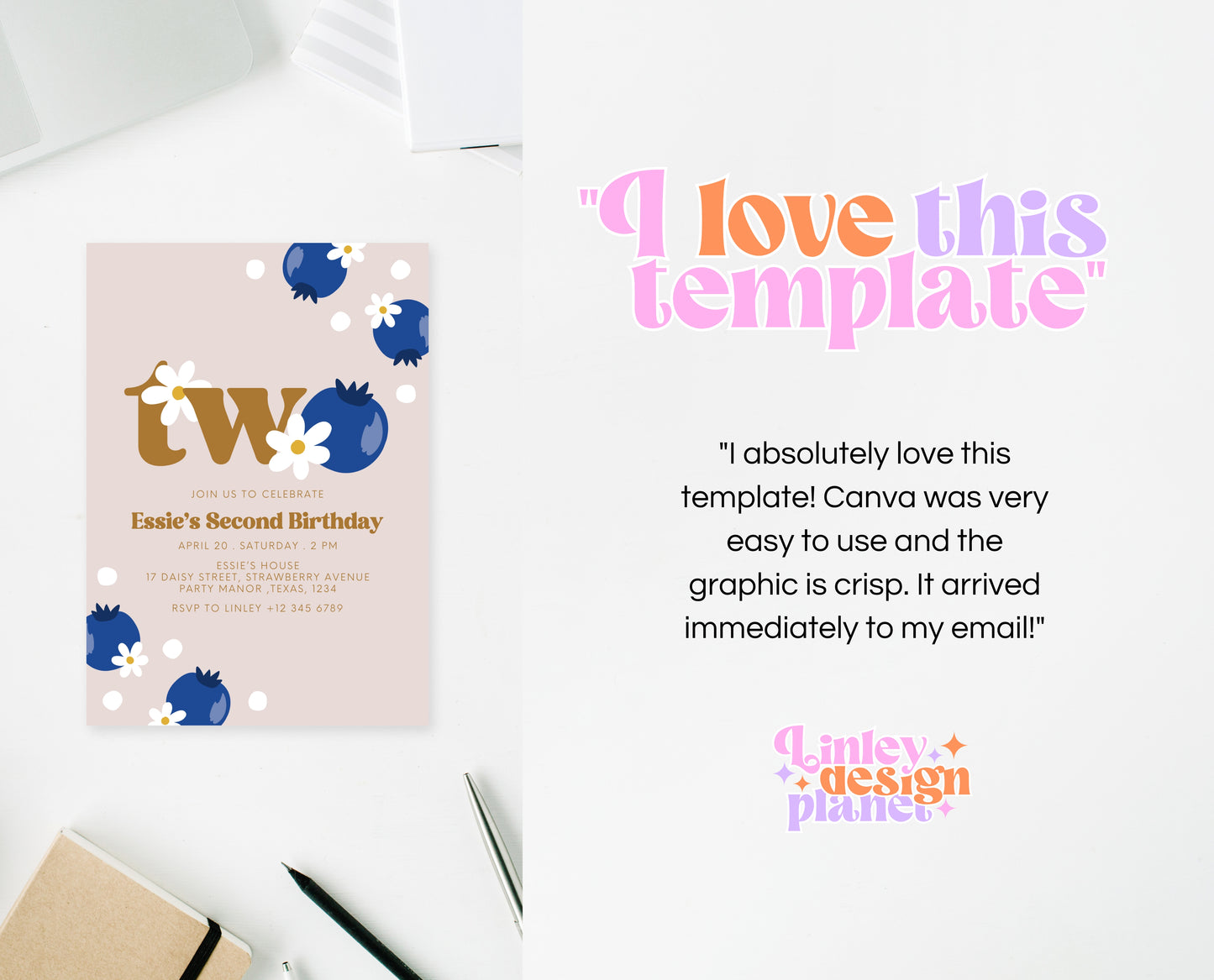 Editable Berry 2nd Birthday Invitation, Gold Blueberry 2nd Birthday Girl Invite, Printable Blueberry Second Birthday Girl Invitation, GBP03
