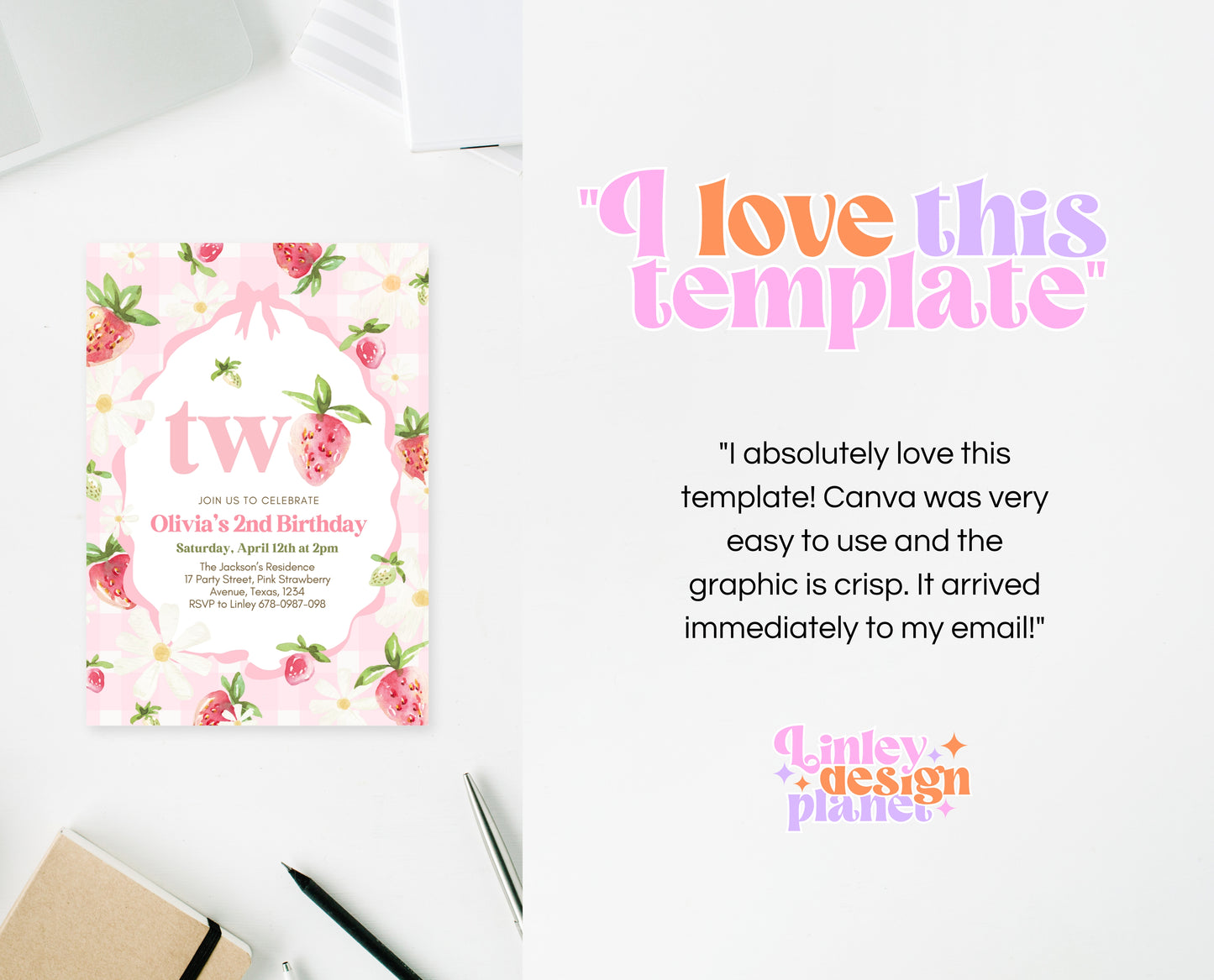 Editable Strawberry 2nd Birthday Invitation, Strawberry 2nd Birthday Girl Invite, Whimsical Strawberry 2nd Birthday Girl Invitation, GBP06