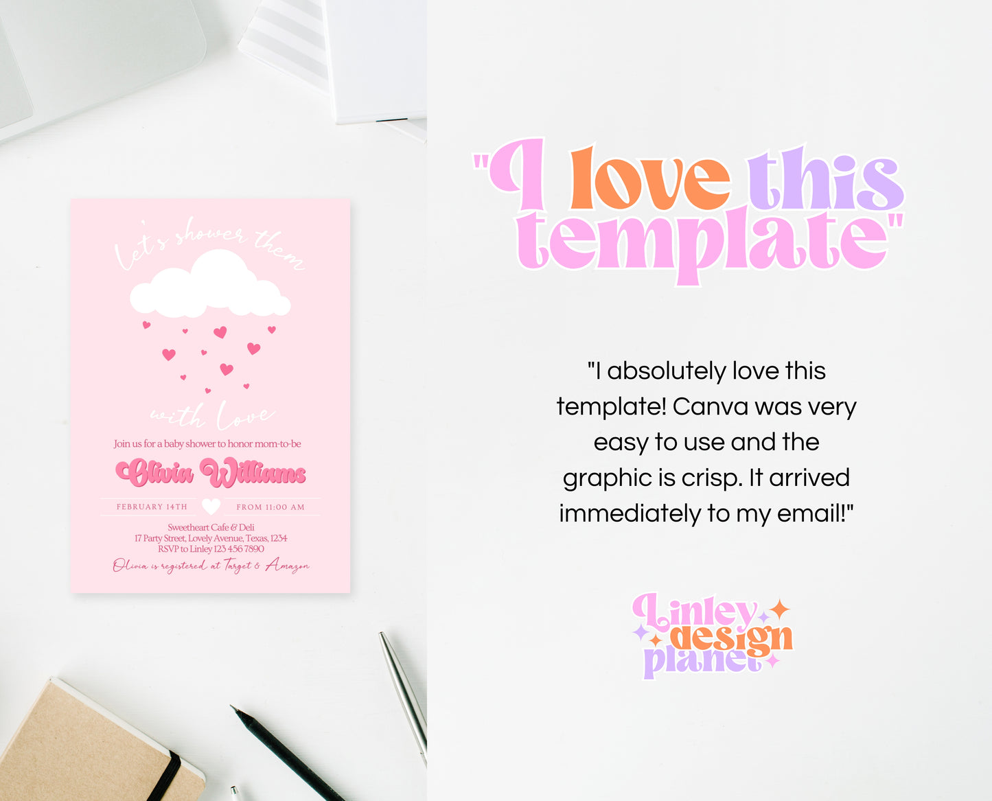 Editable Valentine Baby Shower Invitation, Showered With Love Baby Shower Invite, Pink Cloud Hearts Baby Shower Invite, Download, VDC11
