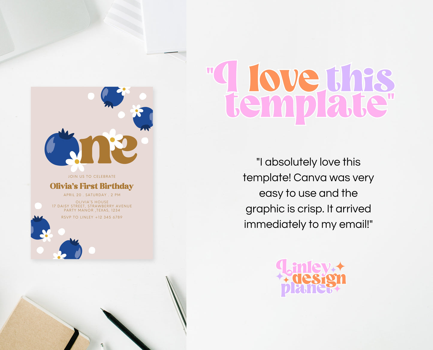 Editable Berry First Birthday Invitation, Gold Blueberry 1st Birthday Girl Invite, Printable Blueberry First Birthday Girl Invitation, GBP03