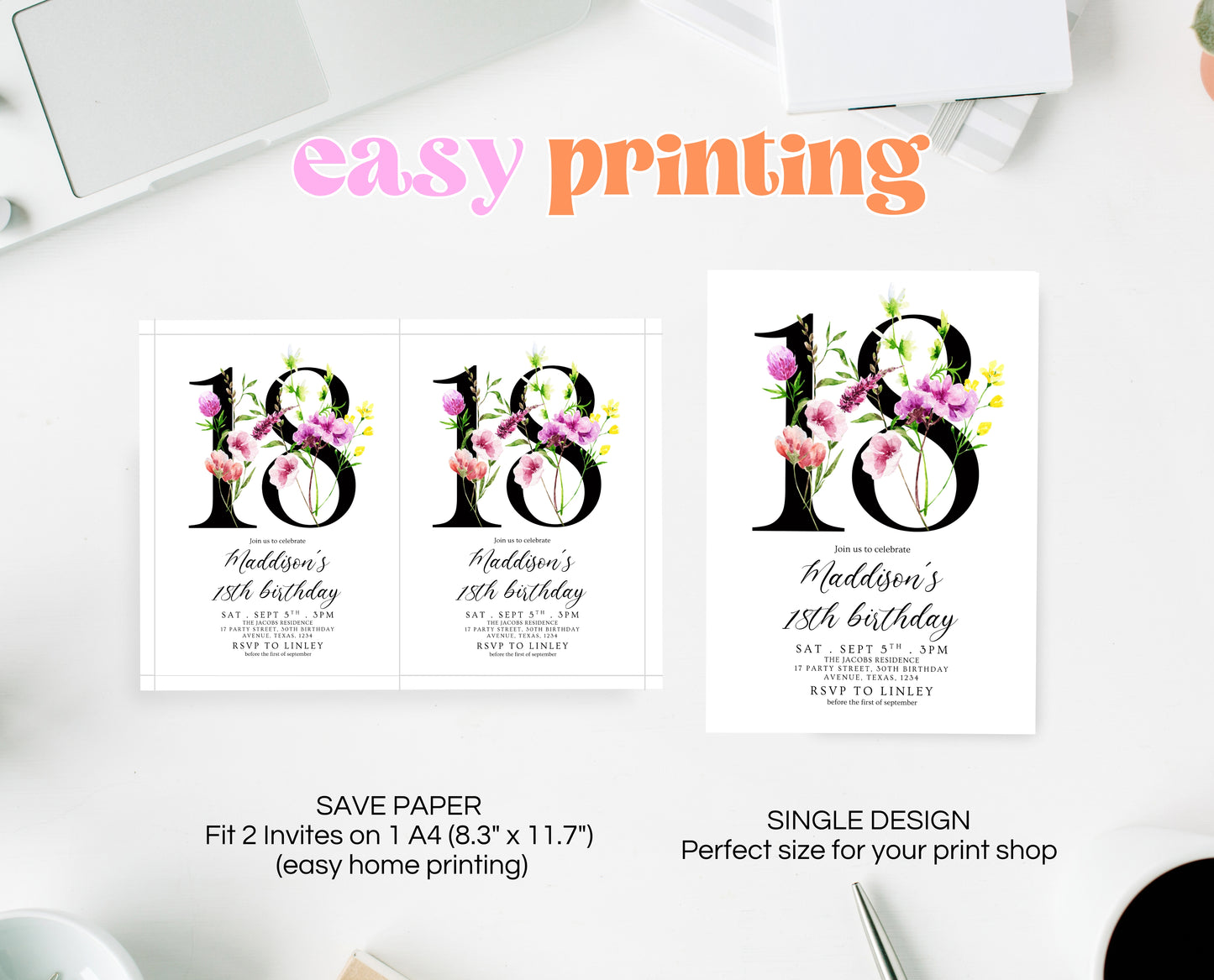 Editable 18th Birthday Invitation Minimalist Watercolour Floral Design Modern Adult Party Template Digital Printable Invite Instant Download