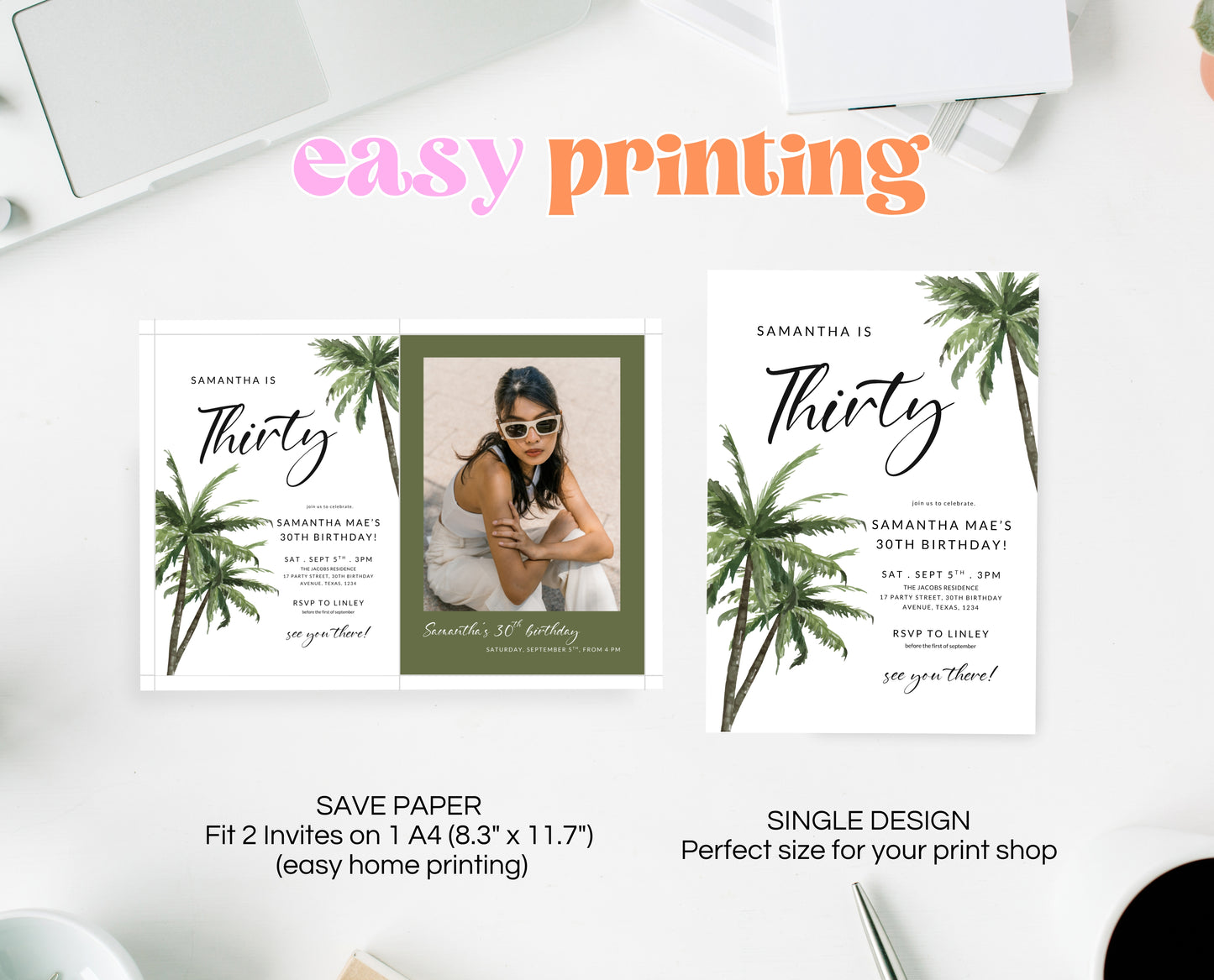 Editable Palm Birthday Invitation Template Folk Palm Trees Summer Party Beach Theme Watercolour Modern Instant Download Printable AB12