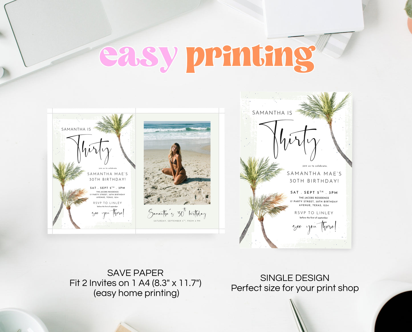 Editable Palm Birthday Invitation Template Folk Palm Trees Summer Party Beach Theme Watercolour Modern Instant Download Printable AB14